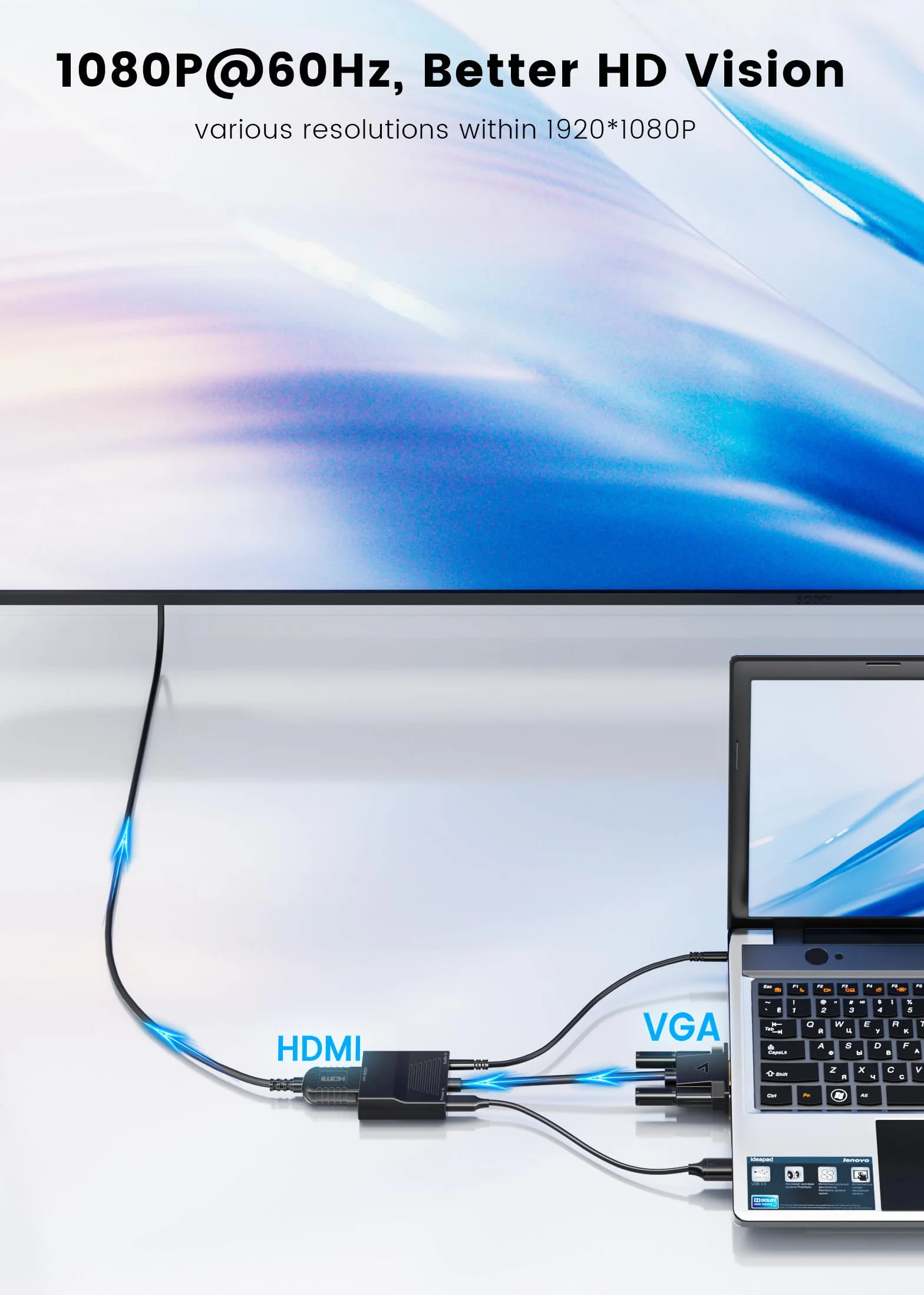 FOINNEX Adaptateur VGA vers HDMI 1080p Mâle Femelle Convertisseur Audio TV Ordinateur Projecteur Moniteur