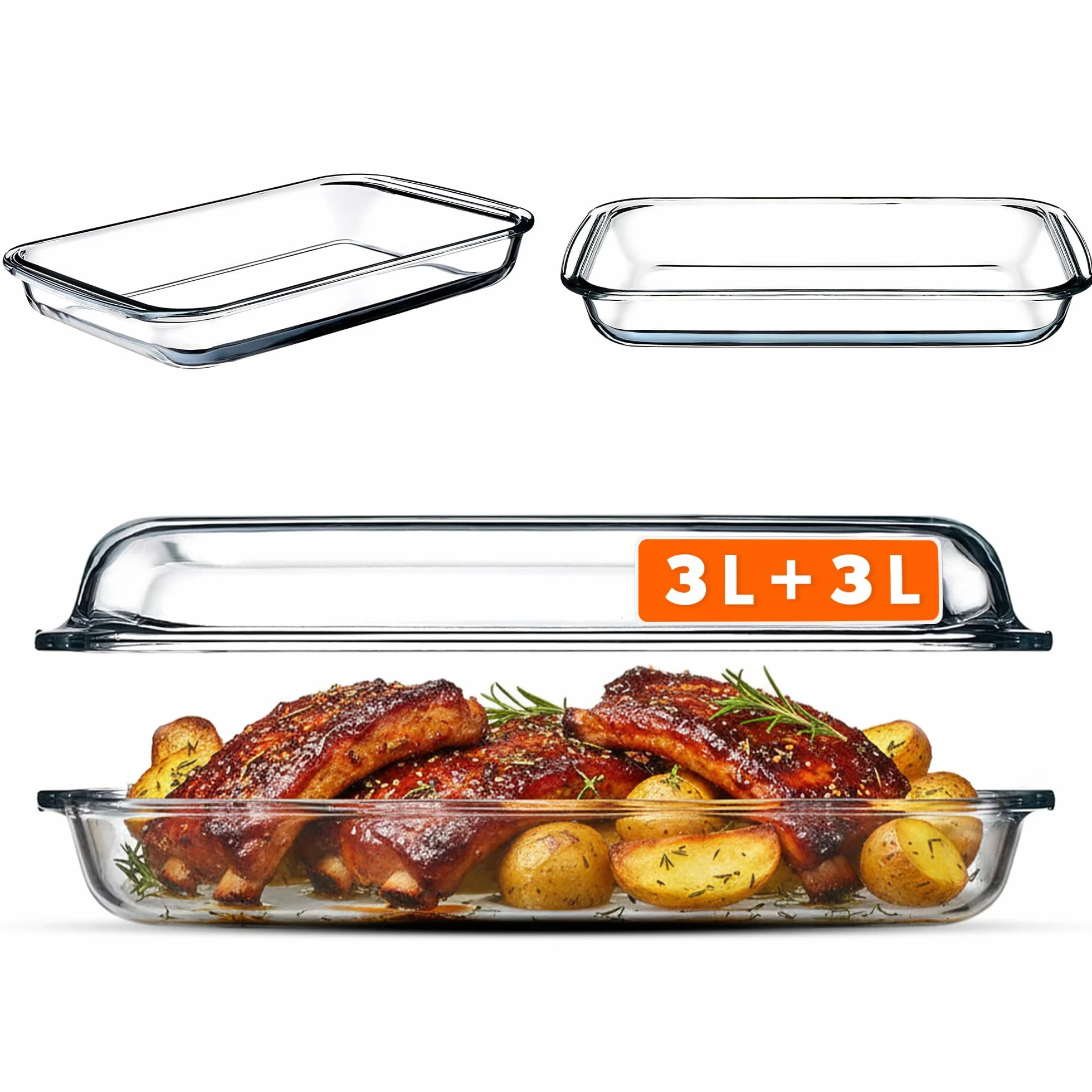 KADAX Plat à gratin rectangulaire de 6 l en verre résistant à la chaleur avec couvercle, passe au lave-vaisselle, plat à rôtir, plat à gratin en verre pour lasagnes, gâteaux (transparent)