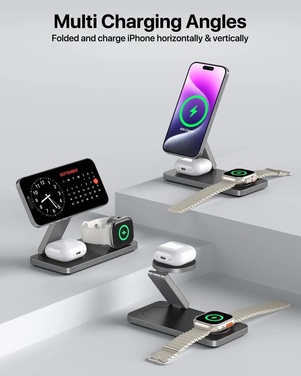 Bezprzewodowa ładowarka, stacja ładująca 3 w 1 do Apple składana, indukcyjna bezprzewodowa ładowarka do iPhone Air 17 16 15 14 13 12, Apple Watch 9/8/7/6/SE/5/4/3/, AirPods Pro z szybkim adapterem