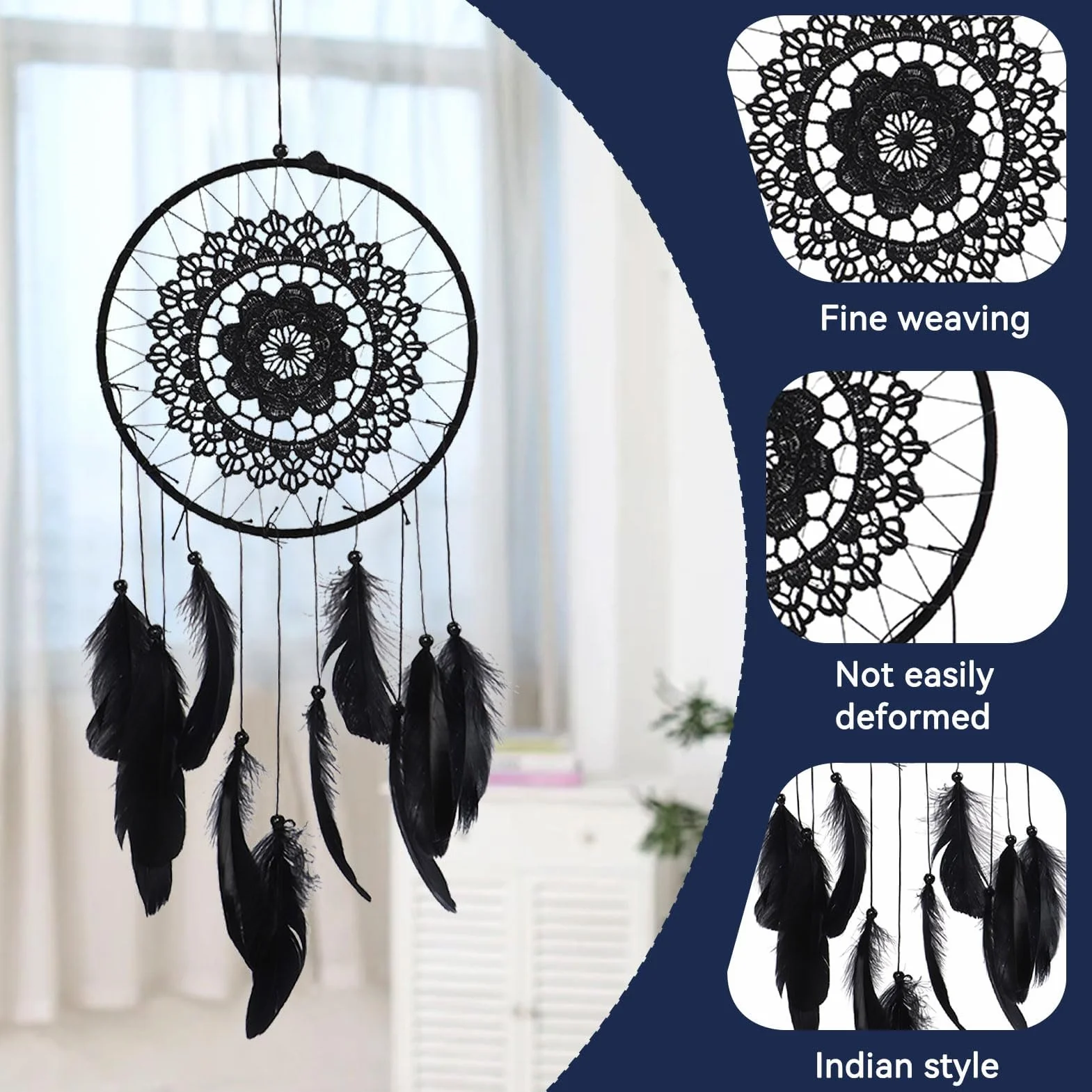 Attrape-Rêves Noir à Plumes Fait Main 20.5 cm Décor Rétro Romantique