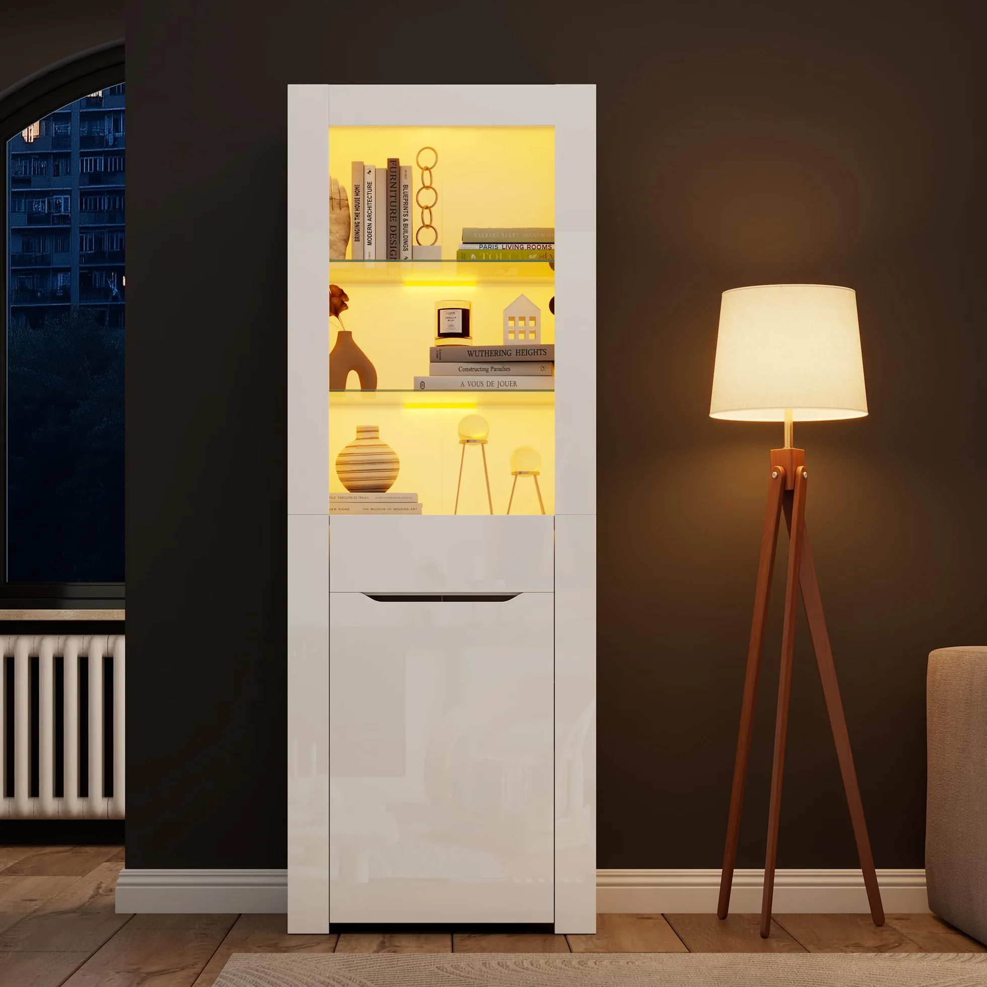 Merax Vitrine LED - Armoire 1 porte 1 tiroir - Vitrage spacieux - Meuble moderne - Salon/Bureau/Salle à manger - Blanc