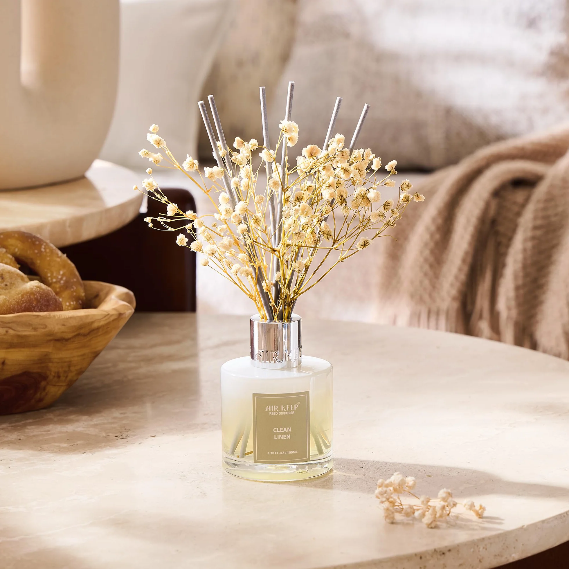 Airkeep Diffuseur de Parfum Clean Linen 100ml, Maison avec 8 Bâtonnets, Décoration Chambre Salon Salle de Bain Bureau