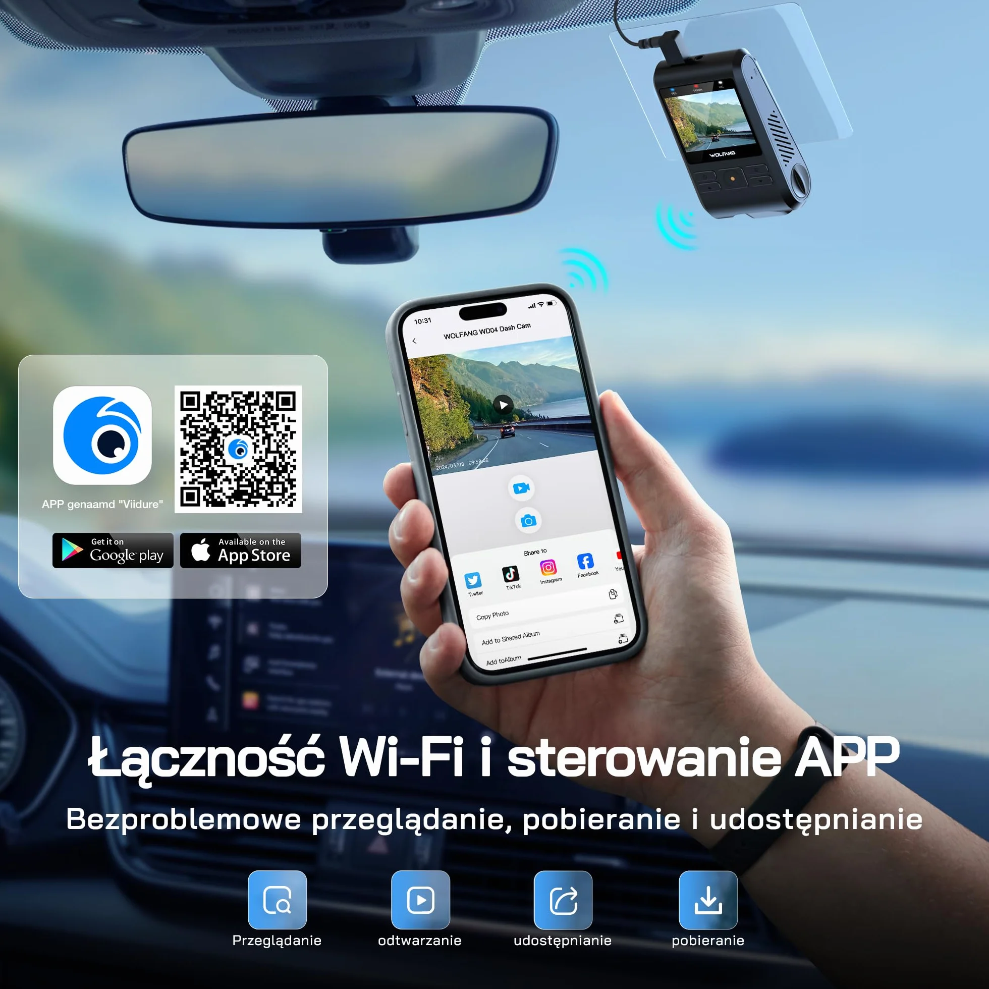 Kamera samochodowa WOLFANG 2.5K kamera samochodowa Wi-Fi z kartą SD 32 GB, podwójna kamera samochodowa z noktowizorem, nagrywanie w pętli, czujnik G, szeroki kąt 170, osłona parkowania