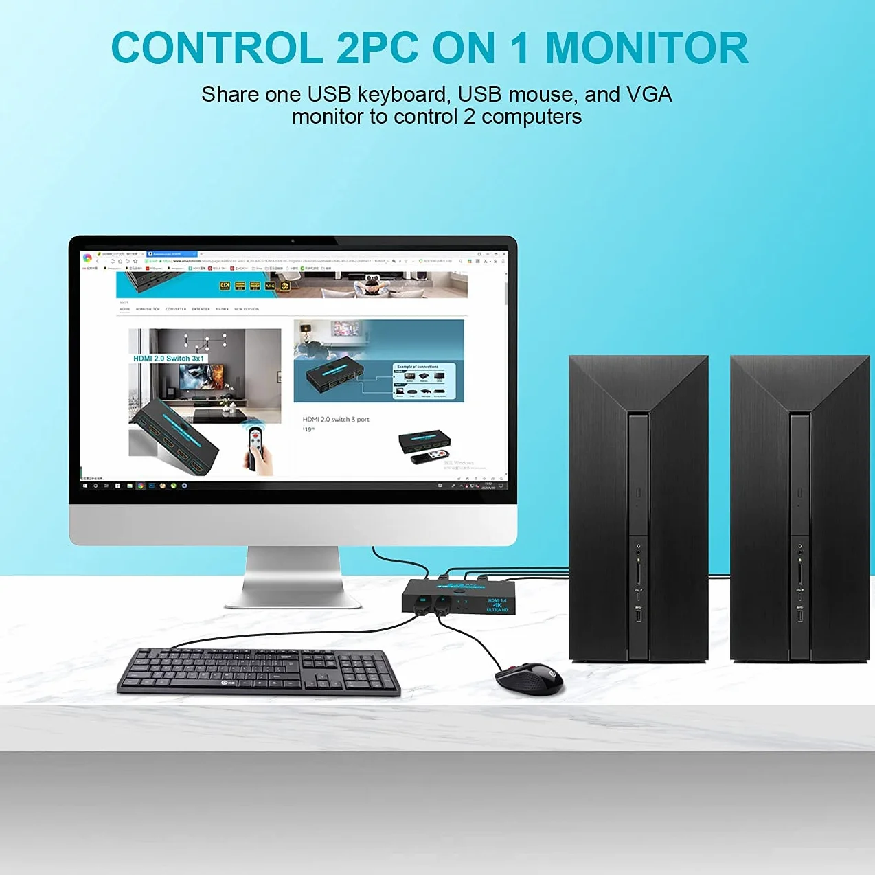 SGEYR 2x1 HDMI KVM przełącznik 4K 2 porty USB KVM przełącznik HDMI v1.4 2 w 1 Out metalowa obudowa z przełącznikiem myszy | Auto Scan|Zestaw kabli|Obsługa 4K @30Hz UHD 3D 1080P