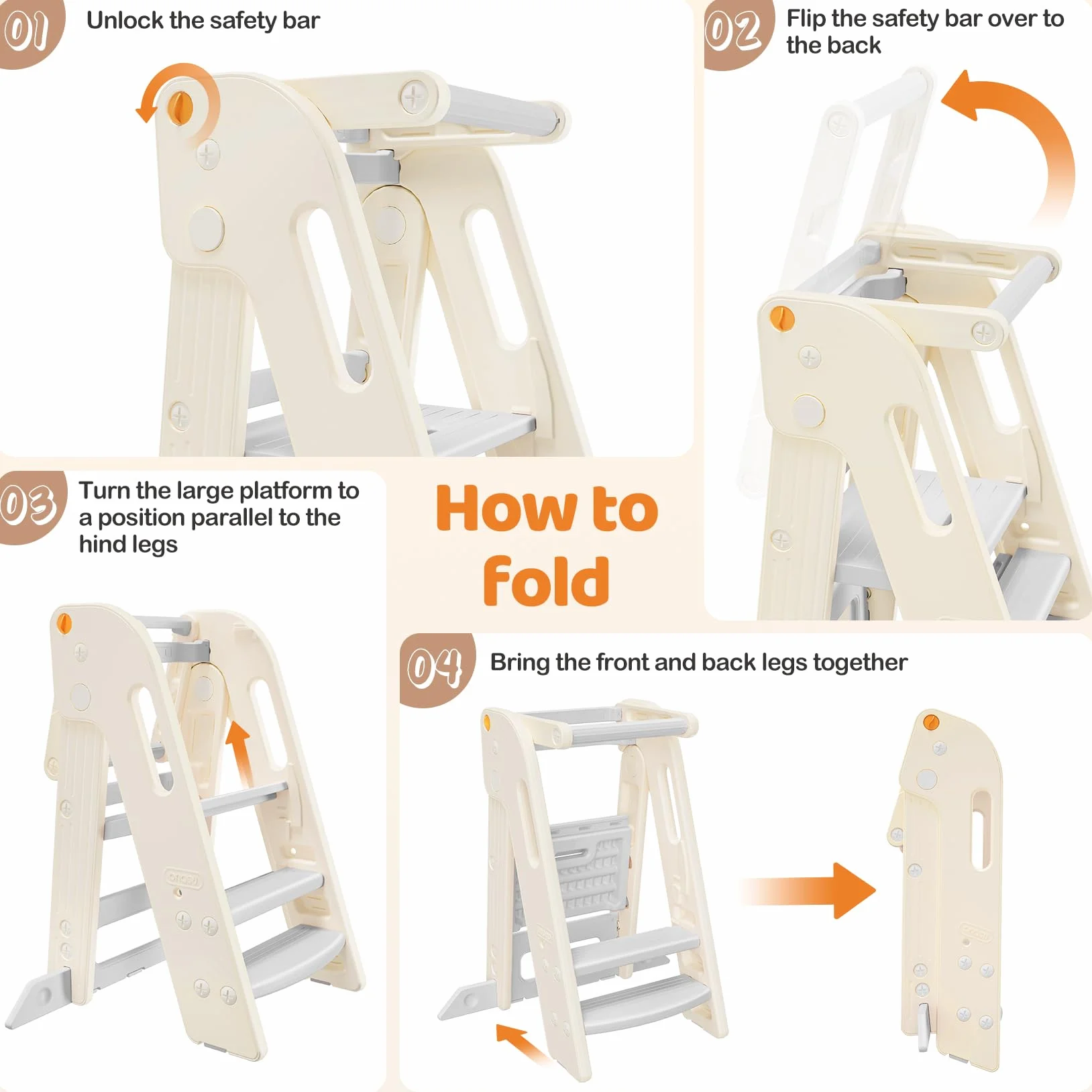 Tour d'apprentissage pour Enfants, Pliable, Tour d'observation équipée de barrières, Réglable en Hauteur, Tour d Observation Enfant pour Cusine|Salle de Bain|Chambre à Coucher, 1,5 à 6 Ans (Blanc)