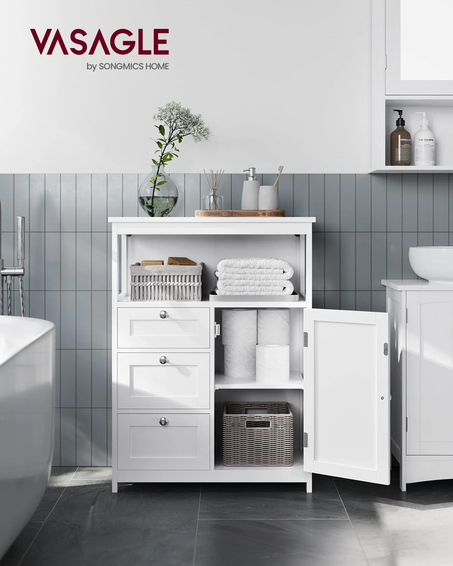VASAGLE Meuble de Salle de Bain, Meuble de Rangement, Commode, Placard, Armoire, avec Étagères Réglables, 3 Tiroirs, 30 x 60 x 80 cm, Blanc BBC542P31V1