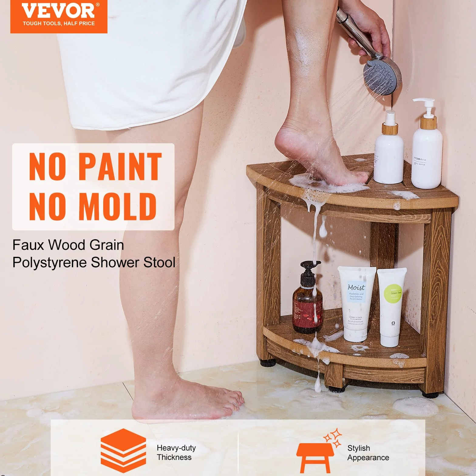 VEVOR Banc de Douche d'angle, Hauteur 430 mm, Rayon 325 mm, Tabouret de Salle de Bain, Faux Bois en polystyrène, chargé de 158 kg avec étagère de Rangement, résistant à l'eau, intérieur et extérieur