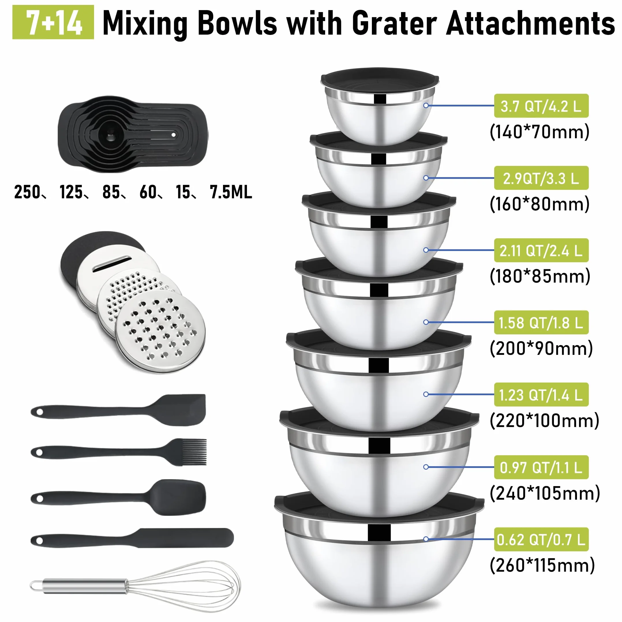 BEWOS Set de 7 Saladiers avec Couvercle - Set de Saladiers Inox avec Râpe, Cul de Poule Lavable au Lave-Vaisselle, Tailles 0.74, 1.16, 1.59, 2.00, 2.75, 3.38, 4.54 QT pour Préparation et Service