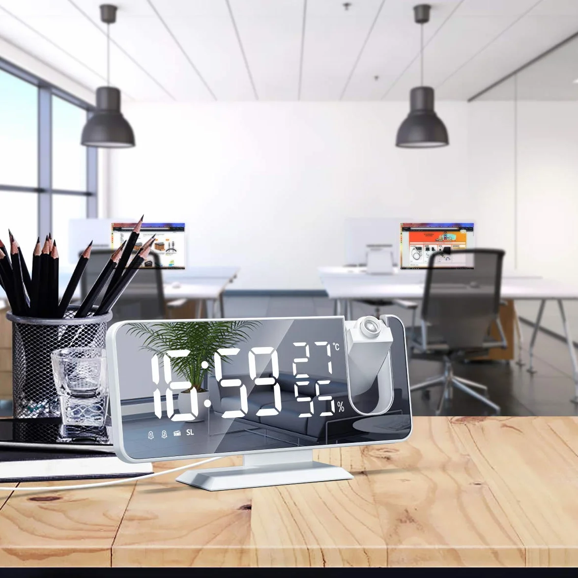 Réveil à Projection Horloge Numérique avec Radio Snooze Variateur Grand écran Projecteur 180°