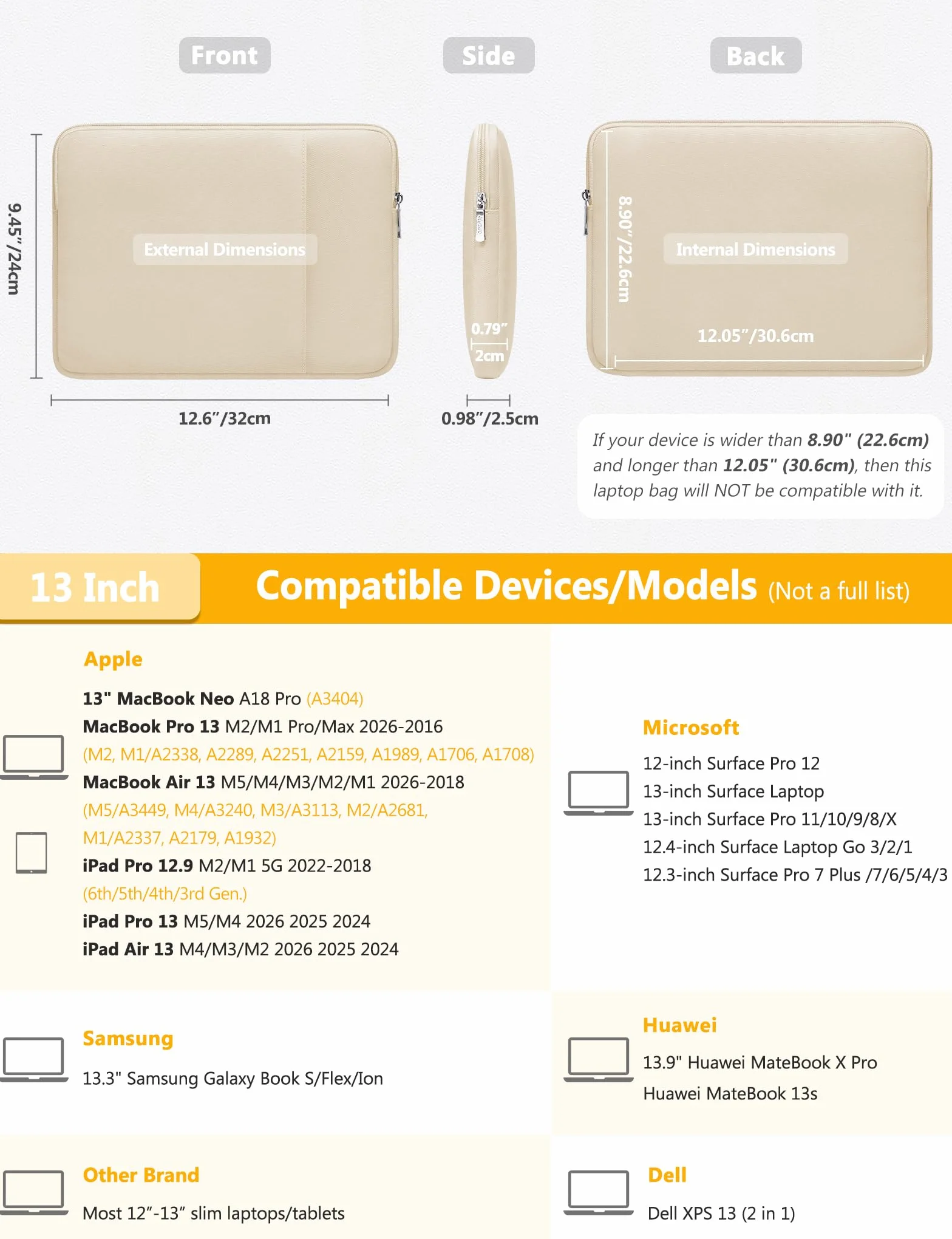HYZUO 13 Cali Zestaw Torba Pokrowiec Etui na Laptopa do MacBook Air 13 M5/M4/M3/M2/M1 A3449 2026-2018, 13" MacBook Neo 2026, MacBook Pro 13 M2/M1, iPad Pro/Air 13, XPS 13, Surface Pro, Piasek