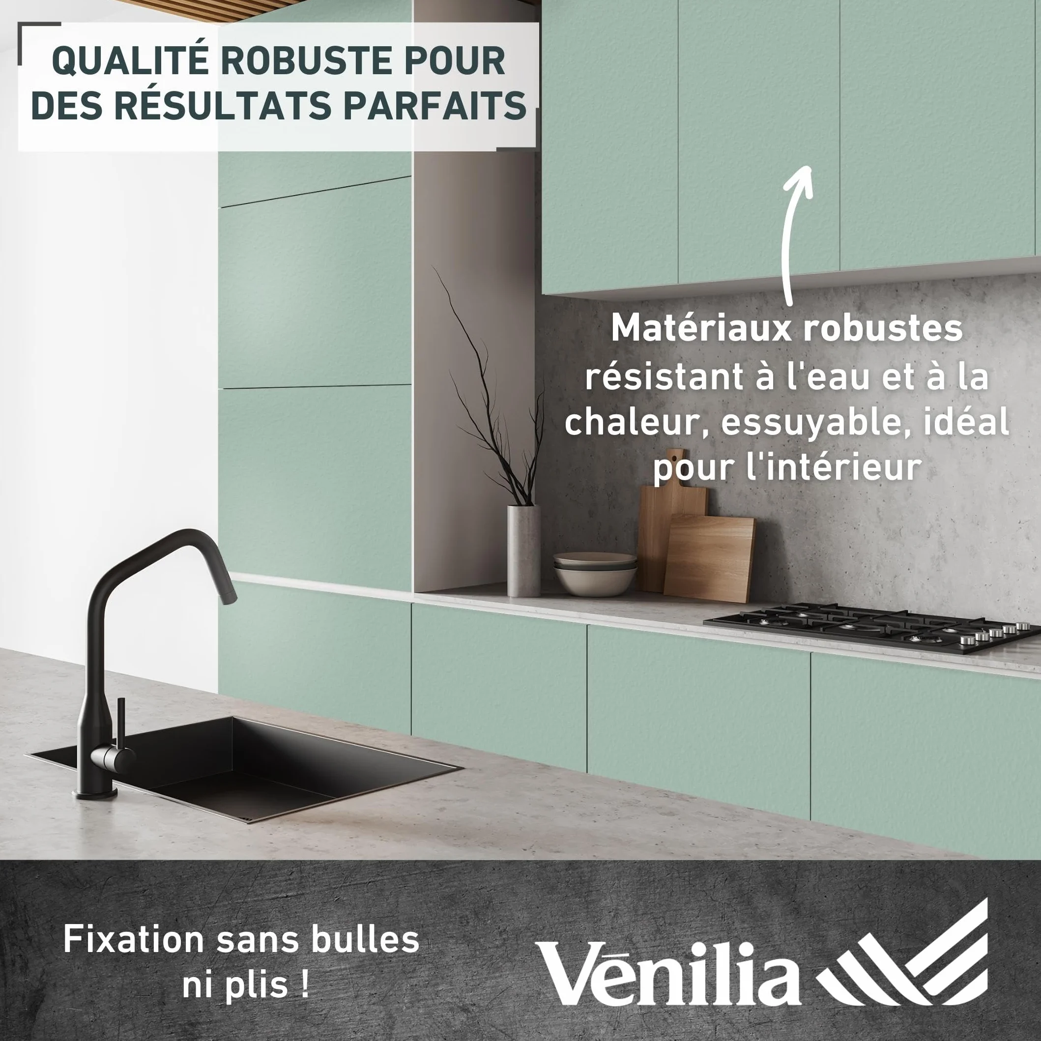 Vénilia Film adhésif Unimat Vert sauge 45 cm x 2 m Décoratif meubles PVC sans phtalates Fabriqué UE