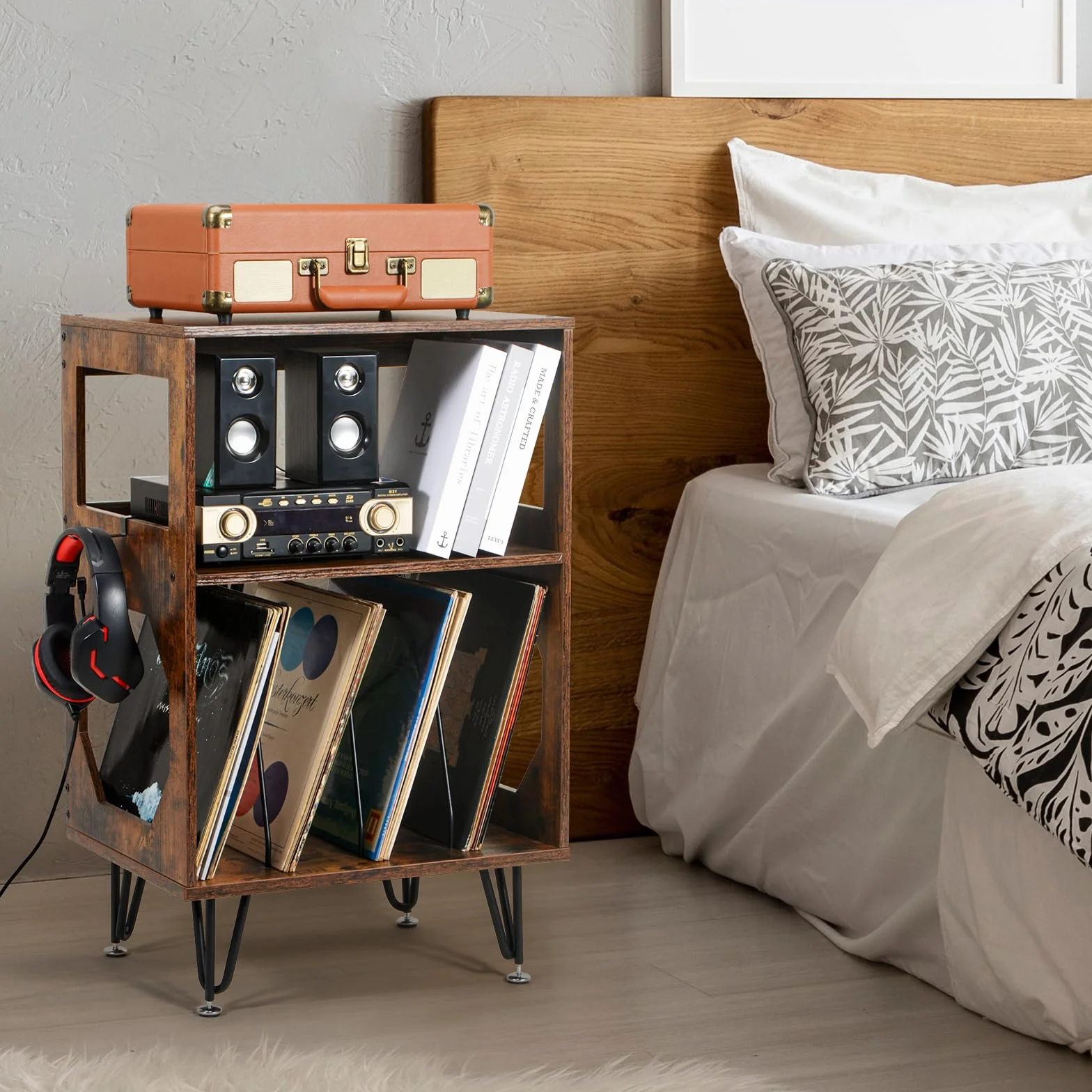 ikkle Table d’Appoint pour Tourne-Disque avec Rangement LP à 3 Niveaux, Support pour tourne-disque en bois marron Meuble Platine Vinyle, Support pour 160 Albums,Étagère de Rangement Disques pour Salon