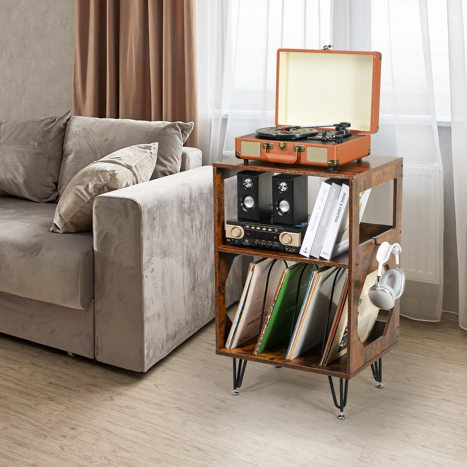 ikkle Table d’Appoint pour Tourne-Disque avec Rangement LP à 3 Niveaux, Support pour tourne-disque en bois marron Meuble Platine Vinyle, Support pour 160 Albums,Étagère de Rangement Disques pour Salon