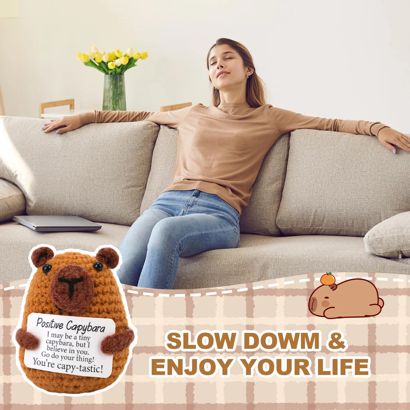 Peluche Capybara Tricoté avec Carte Motivante, Cadeau Rigolo Anniversaire pour Famille, Amis