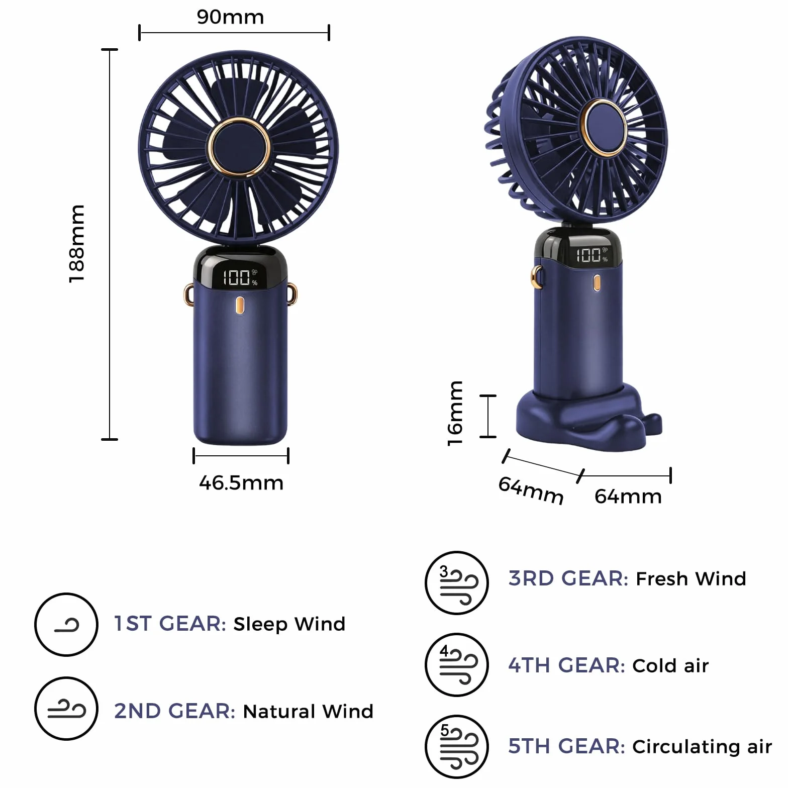 Jsdoin Ventilateur portable rechargeable USB 5 vitesses mini pliable écran LED Bleu Foncé