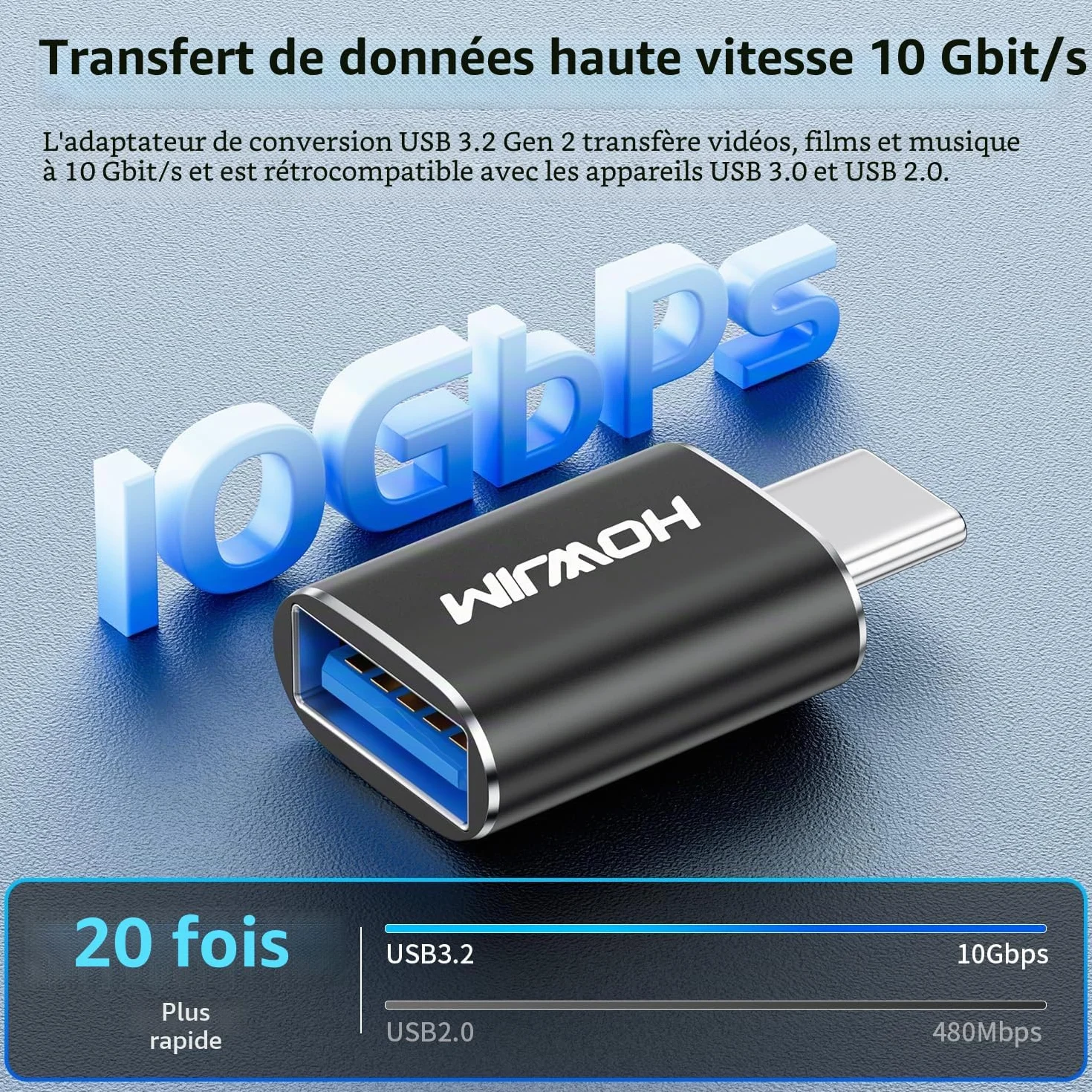 Adaptateur USB C vers USB Lot de 2, Charge Rapide 100W, 10Gbps USB 3.2 Femelle vers Type-C Mâle OTG Noir