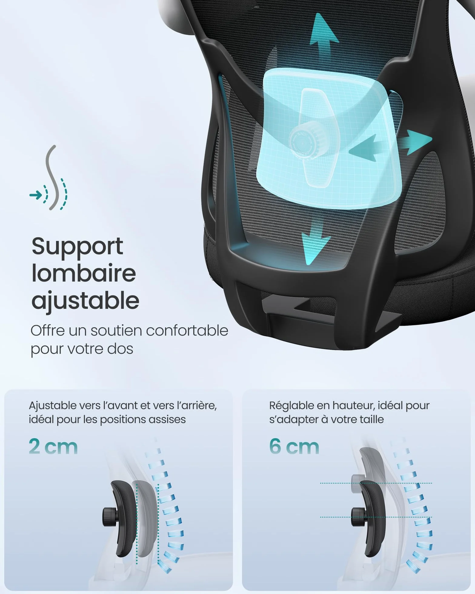 SONGMICS Chaise de Bureau Ergonomique Fauteuil Soutien Lombaire Réglable 150 kg Noir