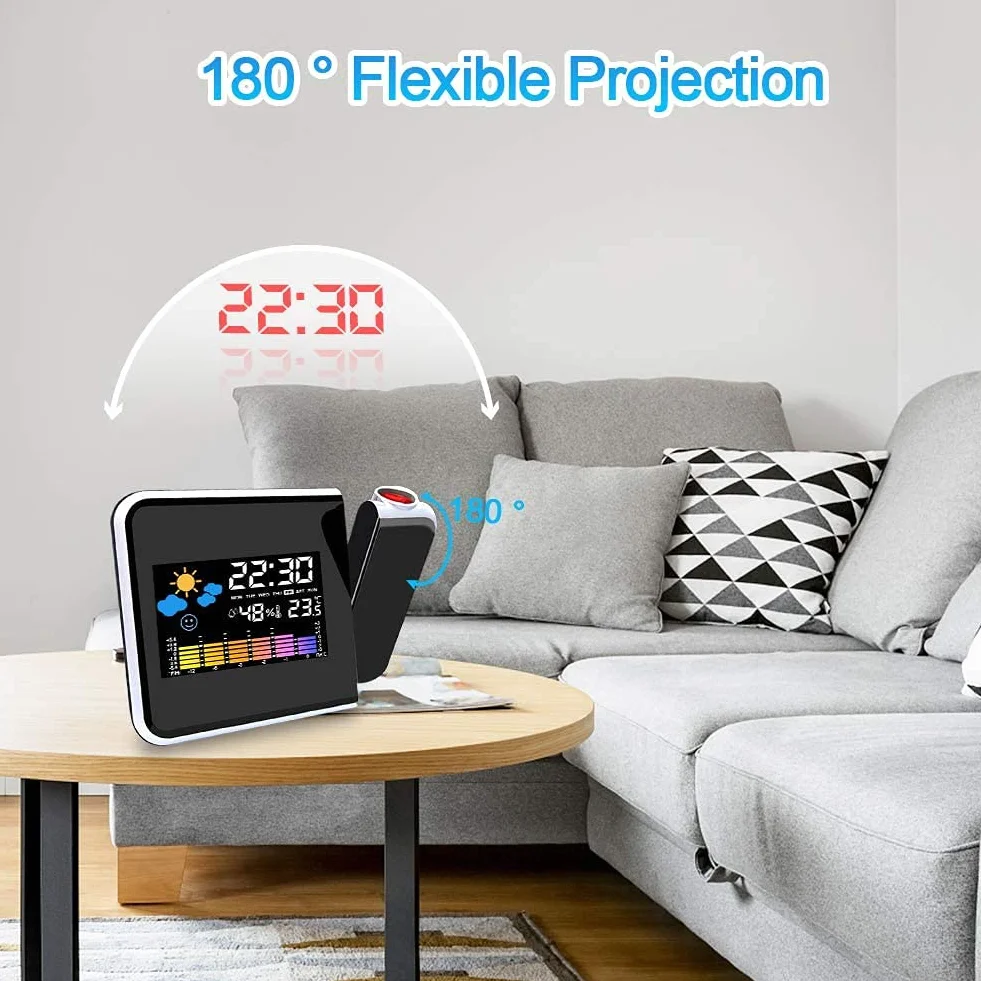 Réveil Projection Plafond Numérique LED avec Station Horaire LCD Température Date Charge USB 12/24h Noir