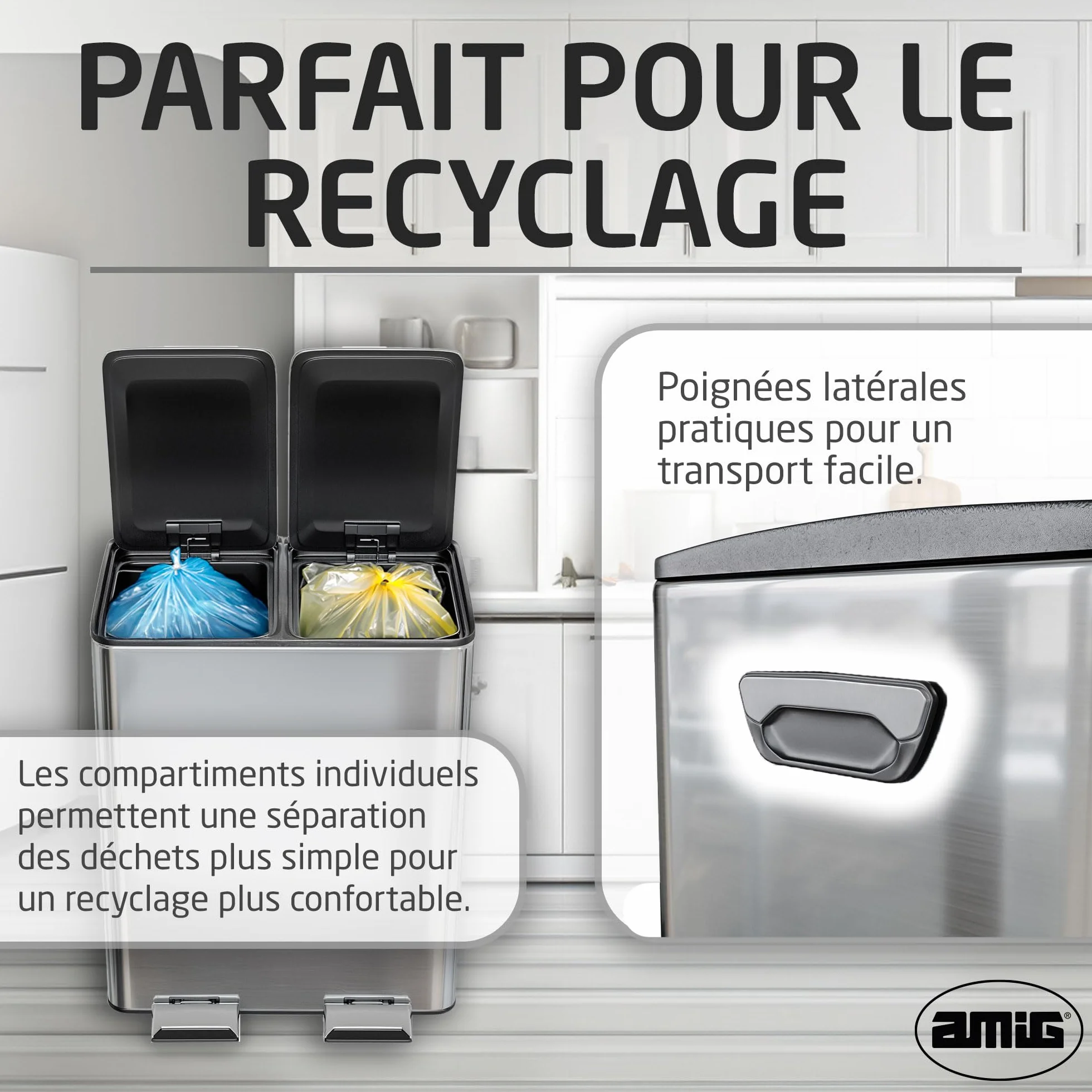 Poubelle de Recyclage Double Acier Inoxydable 45x30x52 cm 2x20 L RECIK EVO