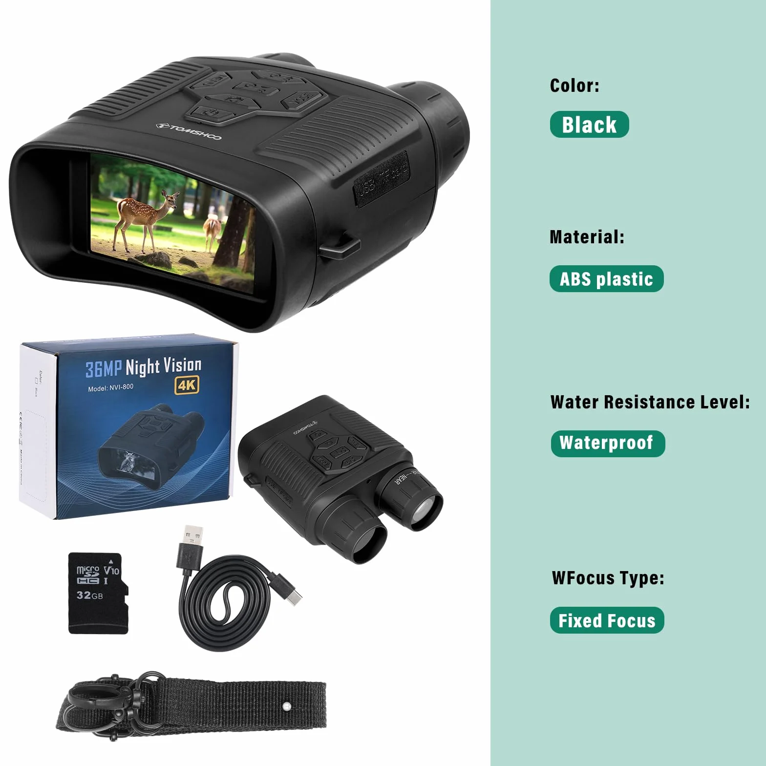 TOMSHOO Noktowizor, 4K 36 MP 300 m, gogle Night Vision z 4000 mAh, możliwość ponownego ładowania, karta pamięci 32 G, zoom cyfrowy 6,8x, reflektor IR 850 nm do monitorowania, obserwacji zwierząt
