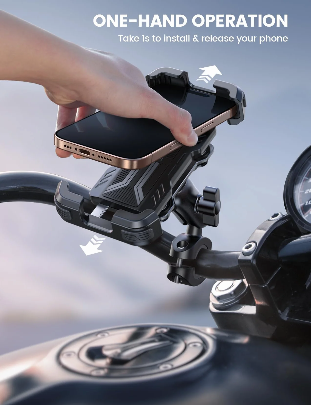 Lamicall Uchwyt na telefon dla motocykli, Montaż telefon motocykla, [Ochrona antykradzieżowa][Podwójna antywstrząsowa]Uchwyt rowerze regulowanym ramieniem dla iPhone 16 15 14 13 12,4,7-6,7" -Niebieski