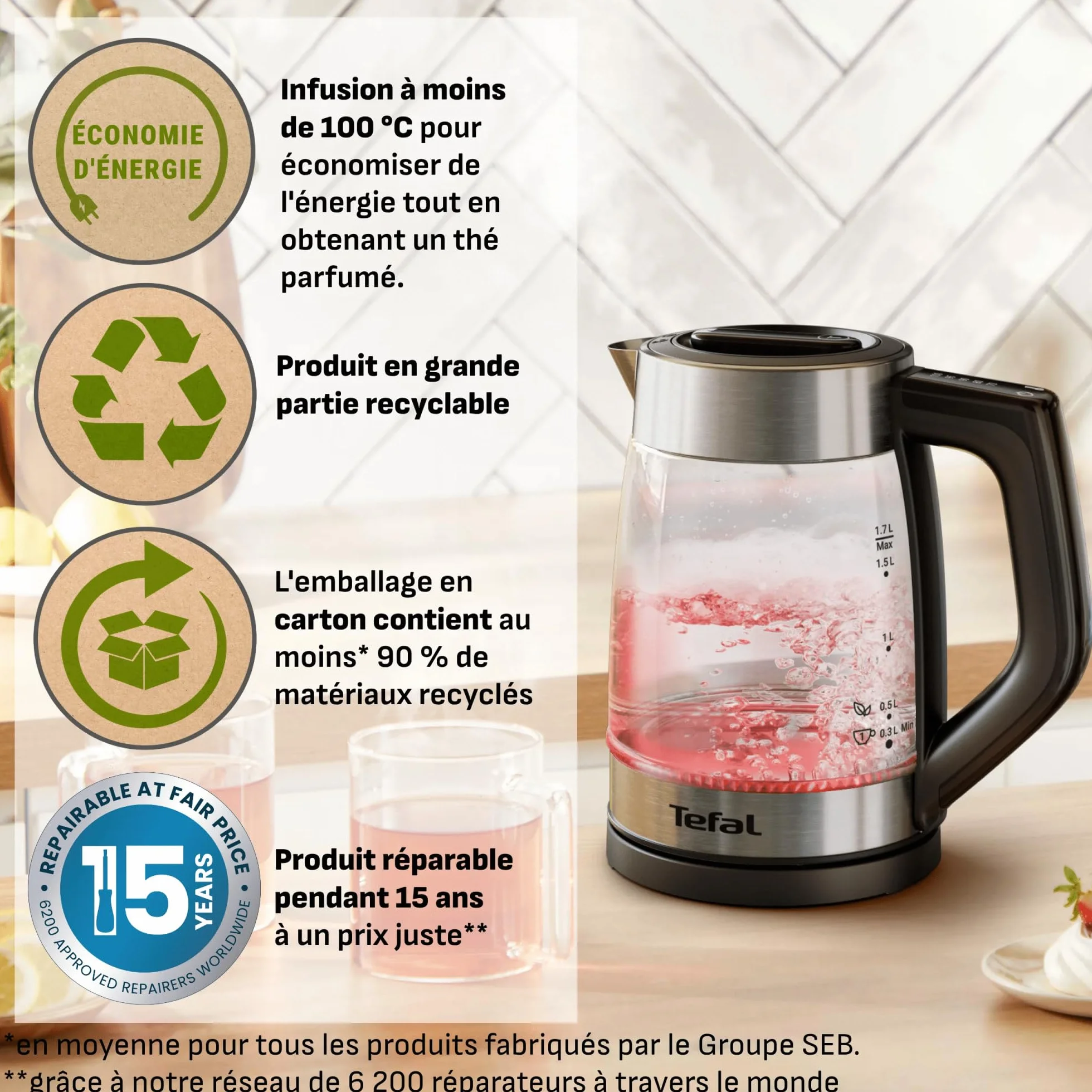 Tefal Express, Bouilloire en verre électrique, Réglages sur la poignée, 1,7 L, 5 niveaux de température, Suivi en temps réel, KO760DE0