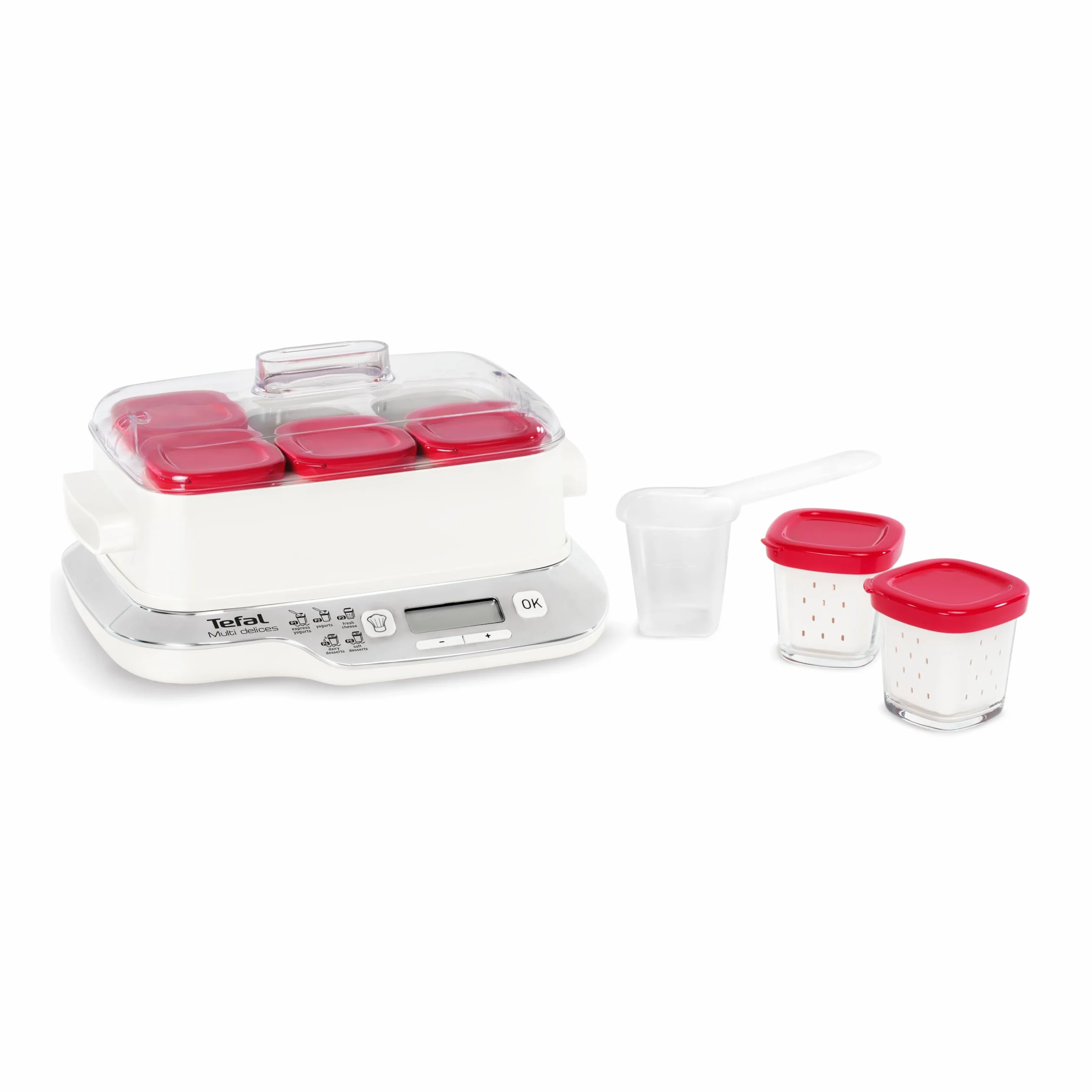 Tefal Multi Delices Express, Yaourtière, 6 Pots, Rouge, Yaourt Maison, 5 Programmes automatiques, desserts lactés, fromages blancs et desserts moelleux, Pots de 140ml, 100% sans BPA, YY5425FB