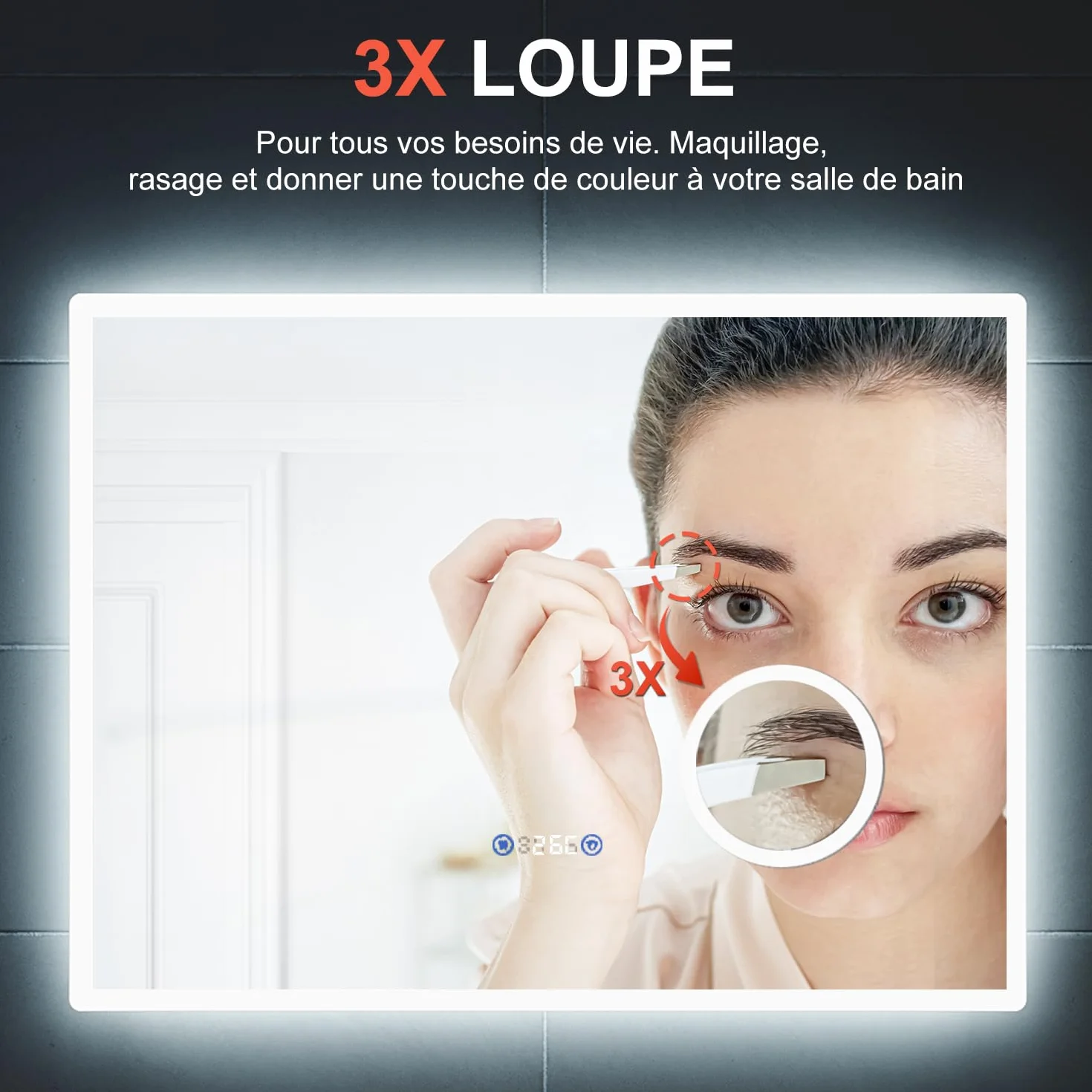 SIRHONA Miroir de Salle de Bain avec Éclairage, Affichage Numérique Écran LED, Miroir avec Une Loupe 3X, Anti-buée, 3 Températures de Couleur, Dimmable, Fonction Mémoire, 80x60cm