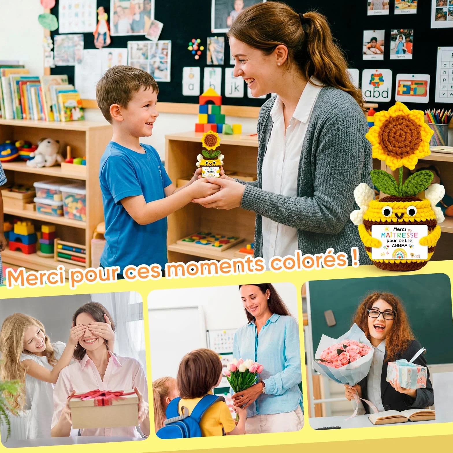 Peluche Abeille Tournesol Crochetée à la Main avec Carte Merci Maitresse