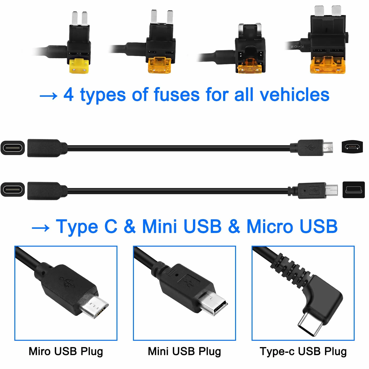 XMSJSIY Zestaw do kamery samochodowej Hardwire Adapter USB typu C Micro/Mini USB Hardwire Kit Car Dash Cam ładowarka przewód zasilający 12 V-24 V do 5 V z 4 kablami bezpiecznikowymi i narzędziem do