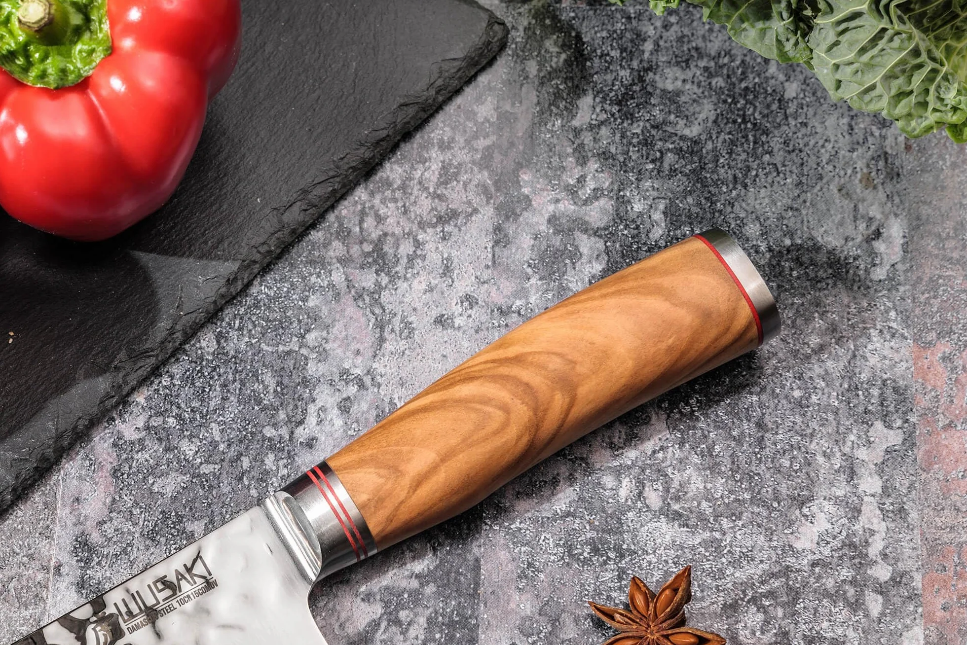 Wusaki Couteau Nakiri 17cm en Damas 10Cr Manche Olivier Design Japonais - Vendu dans un coffret cadeau