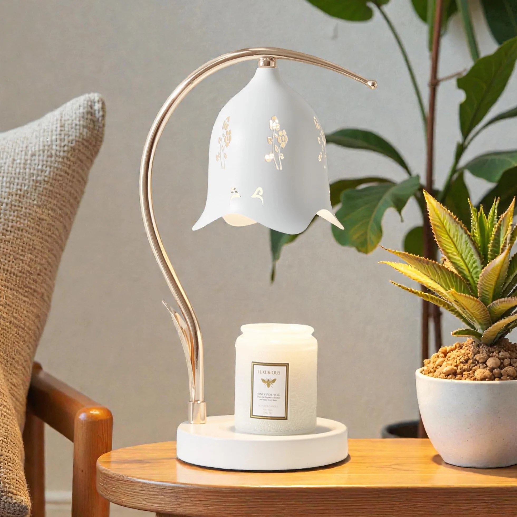 Lampe Chauffe Bougie Clochette - Candle Warmer Lamp avec Minuteur & Variateur - Fondant Cire Électrique Sans Flamme - Design Floral Blanc & Or - 2 Ampoules GU10 - Idée Cadeau Déco Femme