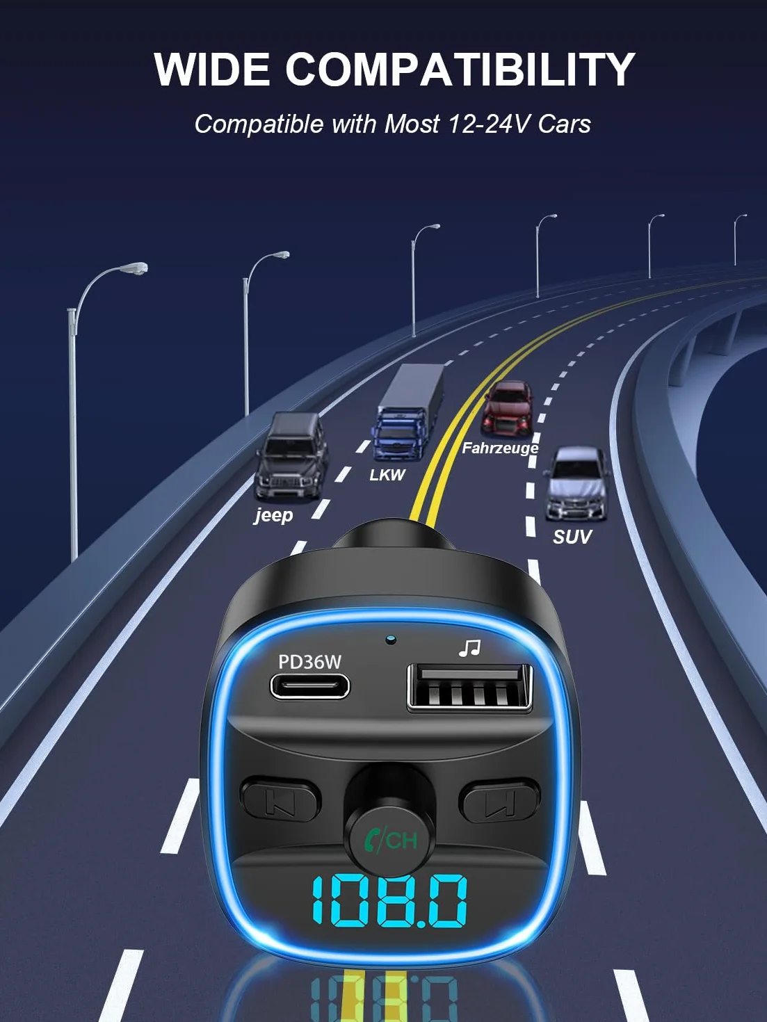 ORIA Nadajnik FM Bluetooth 5.3, bezprzewodowy adapter radia samochodowego z szybkim ładowaniem PD 36 W, podświetlenie LED, zestaw głośnomówiący, kompatybilny z Bluetooth, karta TF, pamięć USB