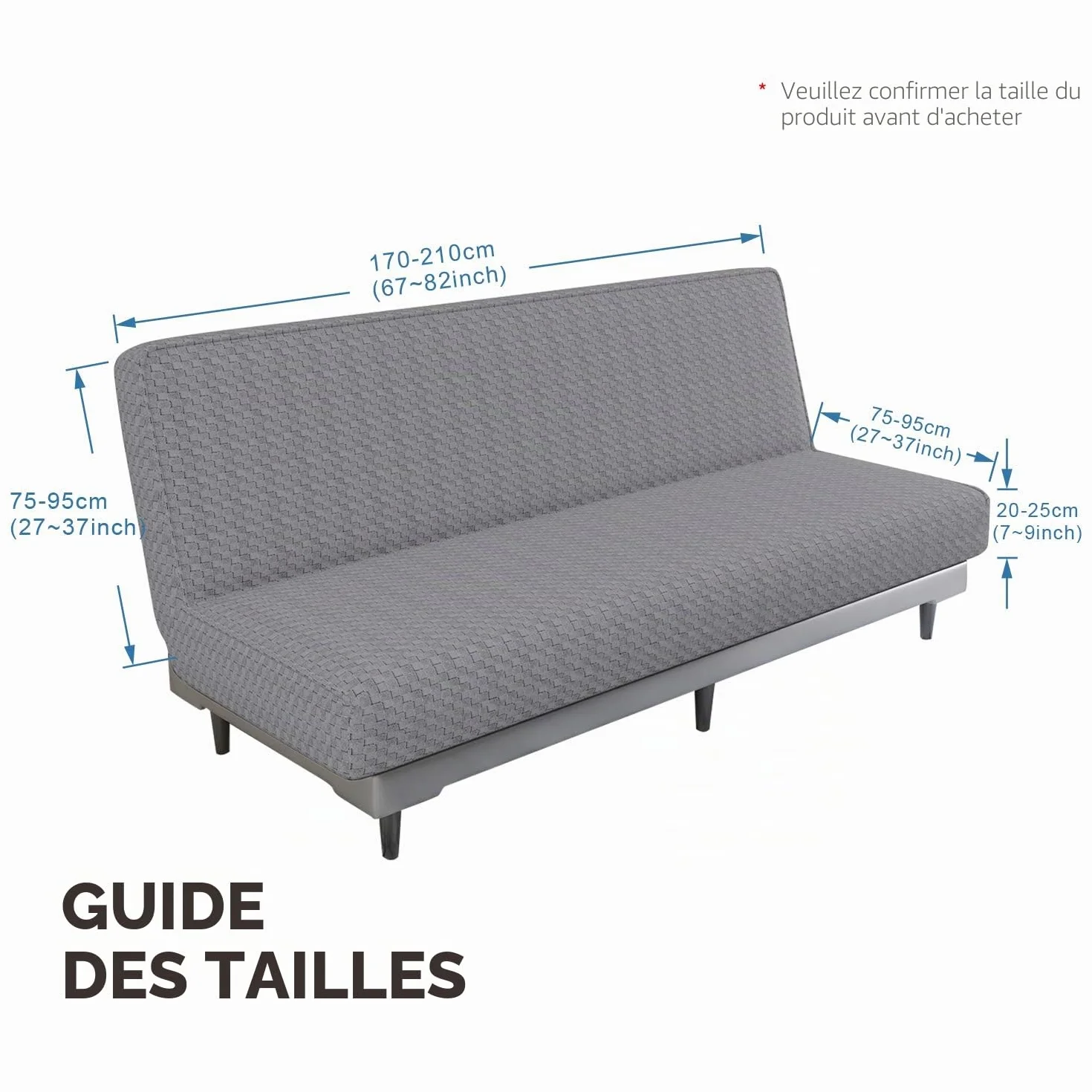 Housse de protection de futon en jacquard extensible sans accoudoirs, lavable en machine, gris clair