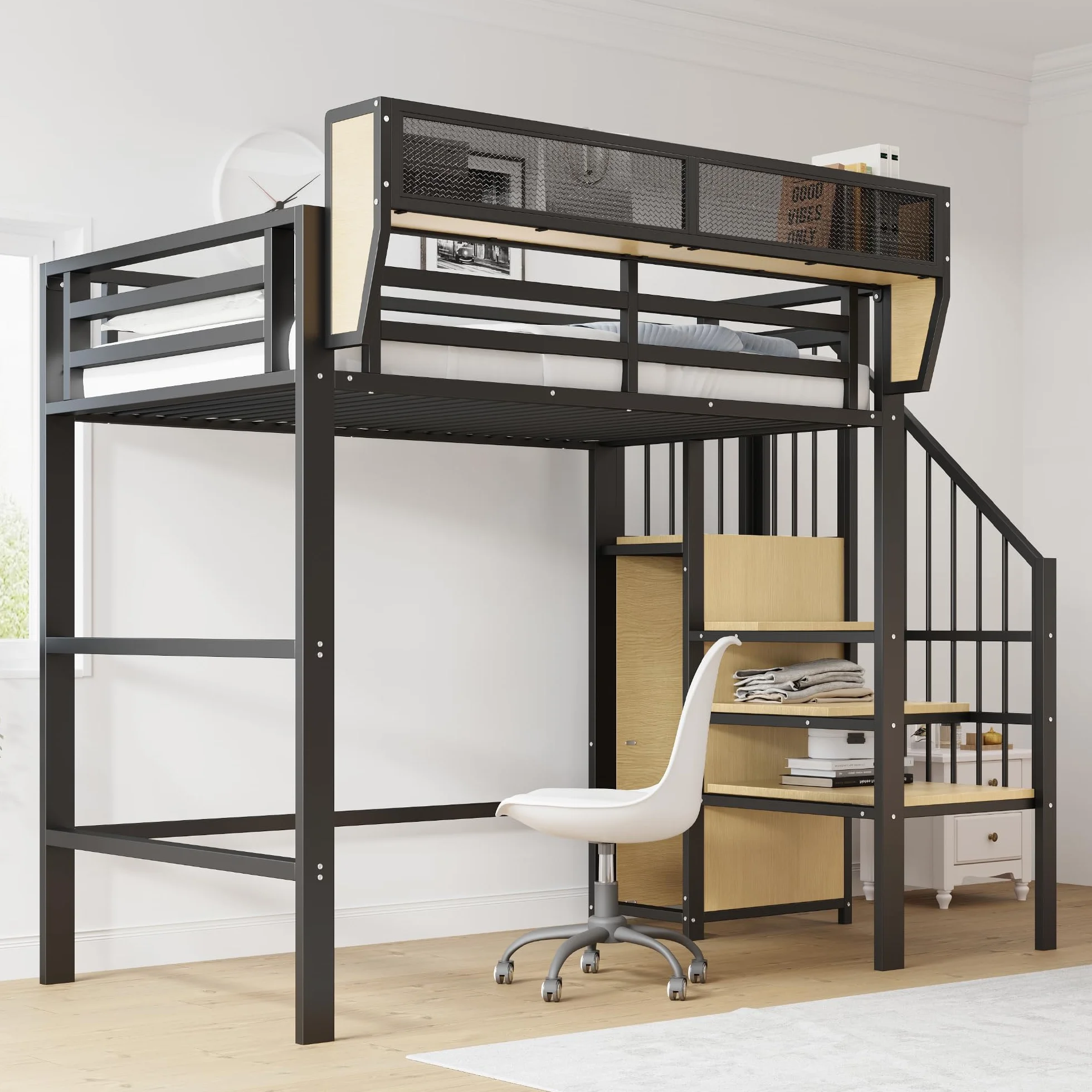 Merax Lit Mezzanine 90x200 cm en métal, avec échelle sécurisée, étagère de Rangement Amovible, lit surélevé Adulte/Enfant, Noir (sans Matelas)