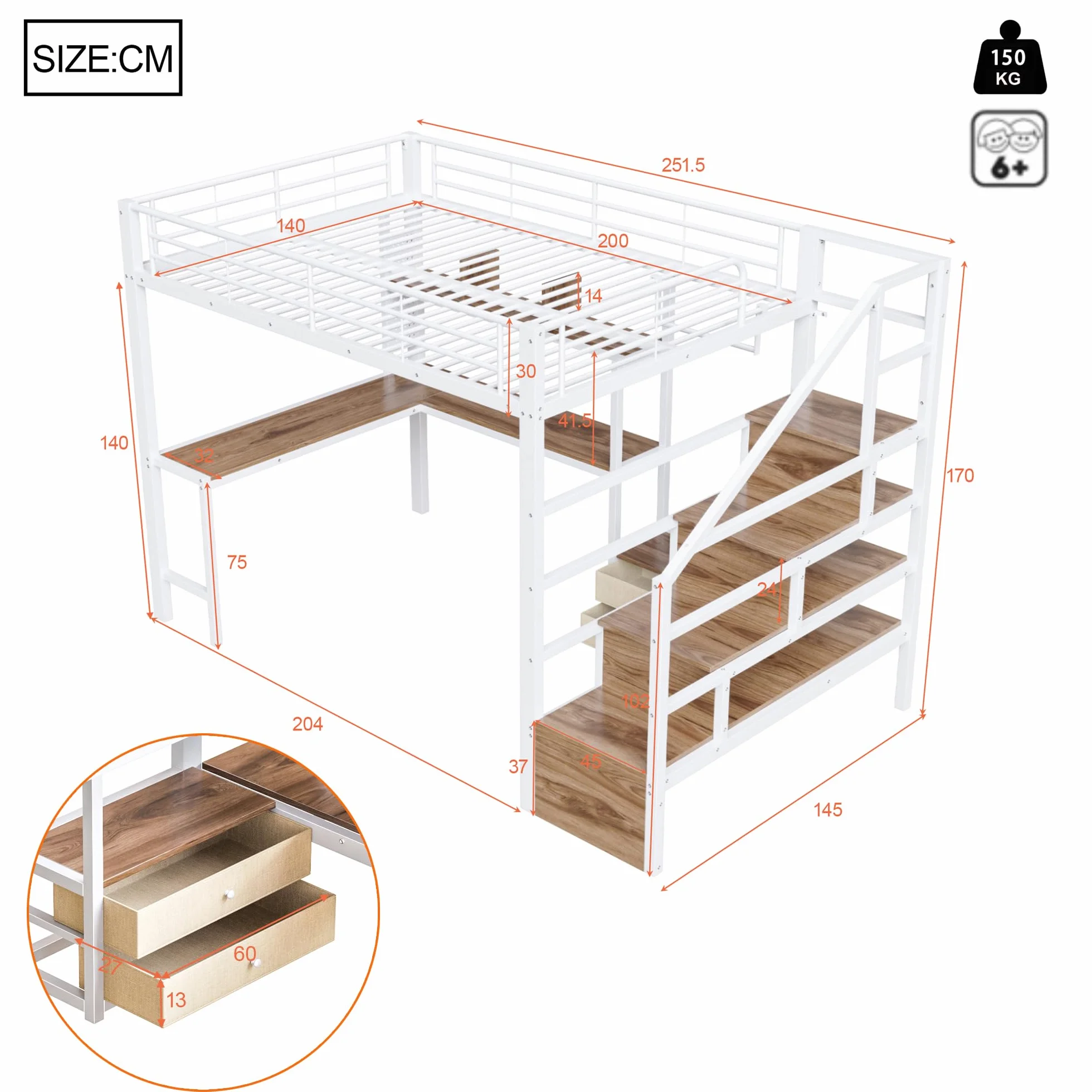 Lit Mezzanine Enfant 140x200 cm - Lit Enfant 1 Place avec Bande LED, Rangement, Cadre en Fer, 2 Tiroirs, Grille De Suspension, Bureau, Escalier avec Rangement, Blanc (sans Matelas)