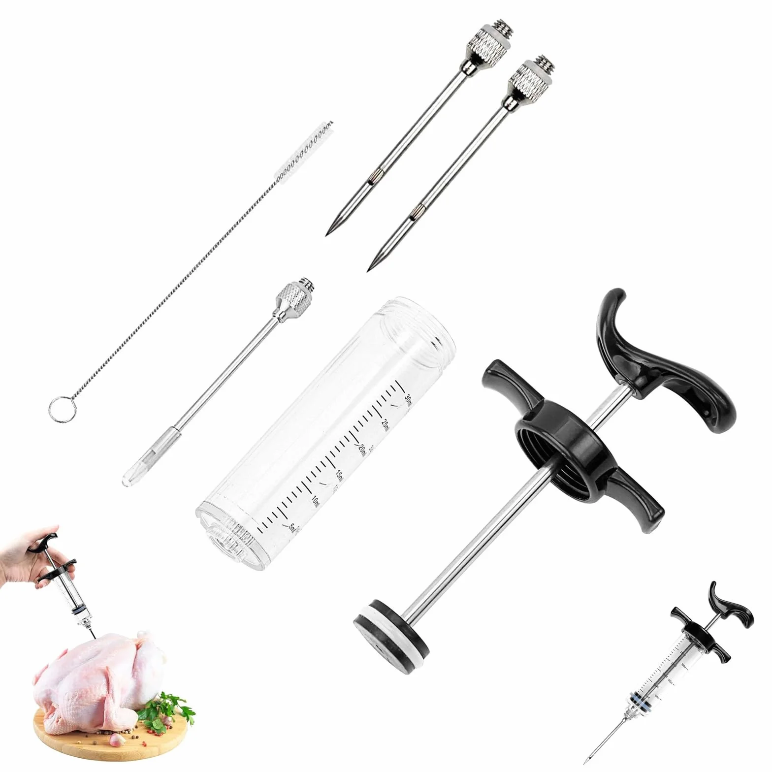 Seringue Alimentaire Acier Inoxydable Injecteur de Marinade 3 Aiguilles pour Dinde Bœuf Poulet