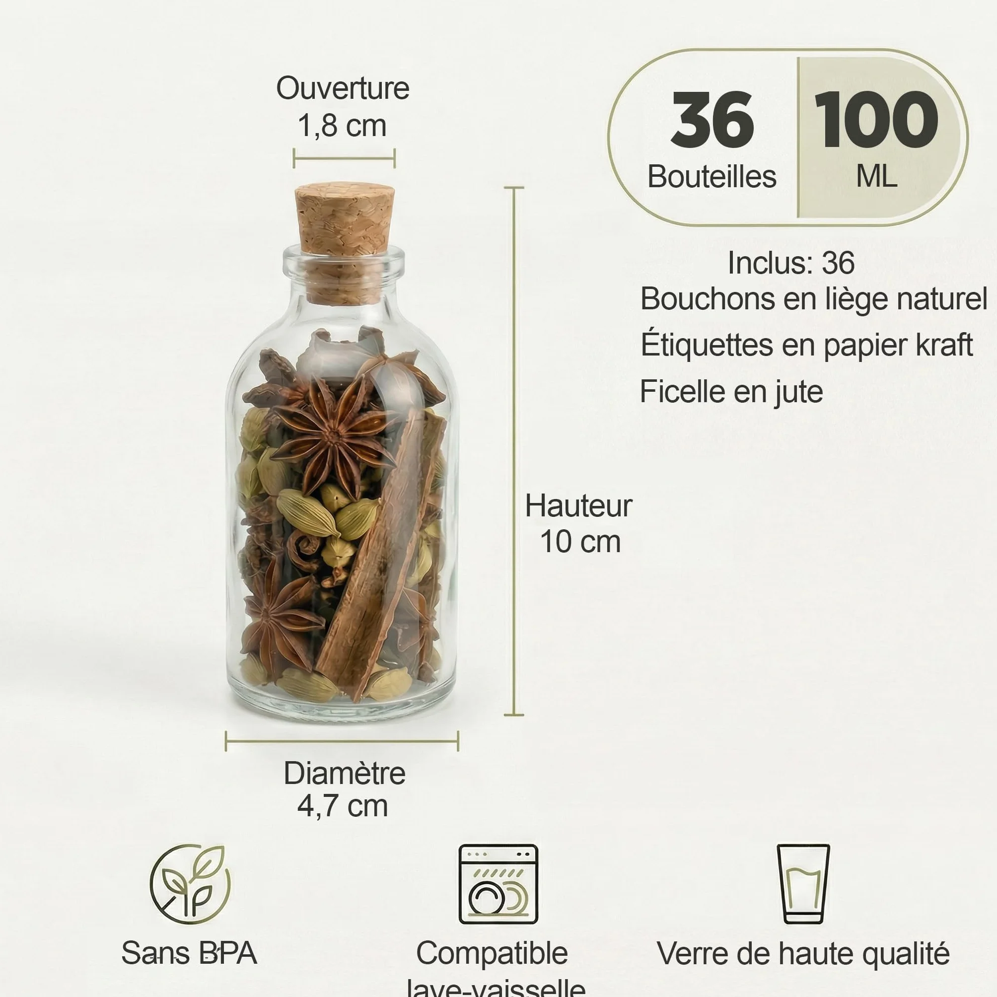 36 Fiole en Verre 100ml, Petite Bouteille en Verre 100 ml - Mini Bouteille Verre Flacon Mignonette Alcool Vide Bouchon Liège Mariage Étiquette