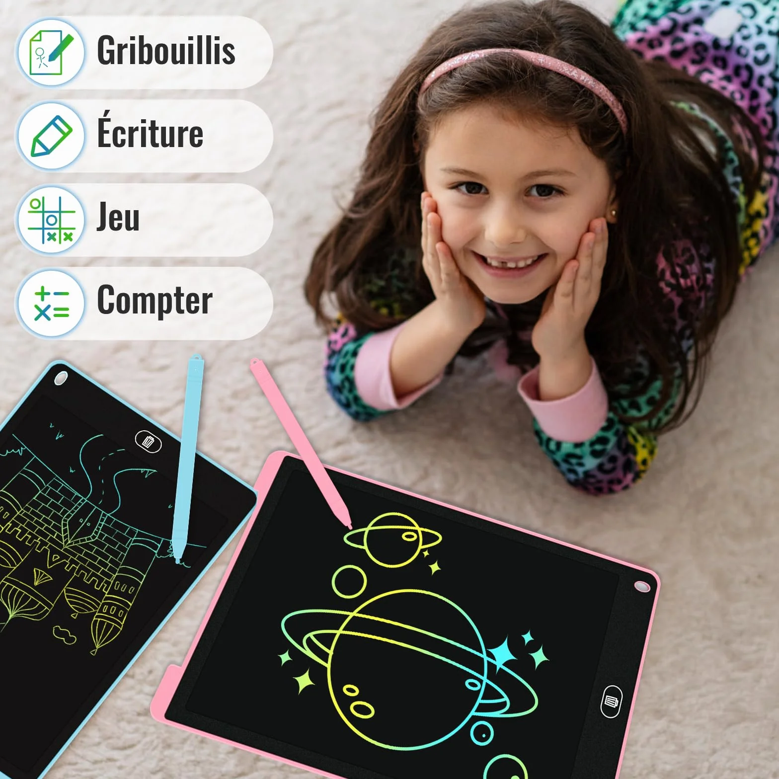 Electight Tablette Dessin Enfants 12 Pouces LCD Colorée avec Bouton Effacement Verrouillage Bleu Rose