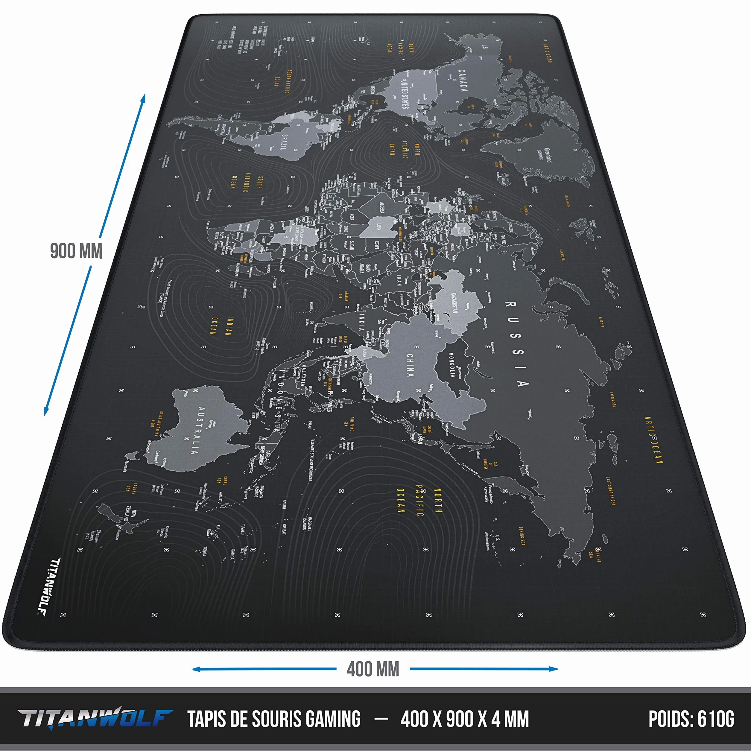 TITANWOLF Tapis de Souris Gaming 900x400mm XXL Tissu Antidérapant Carte du Monde