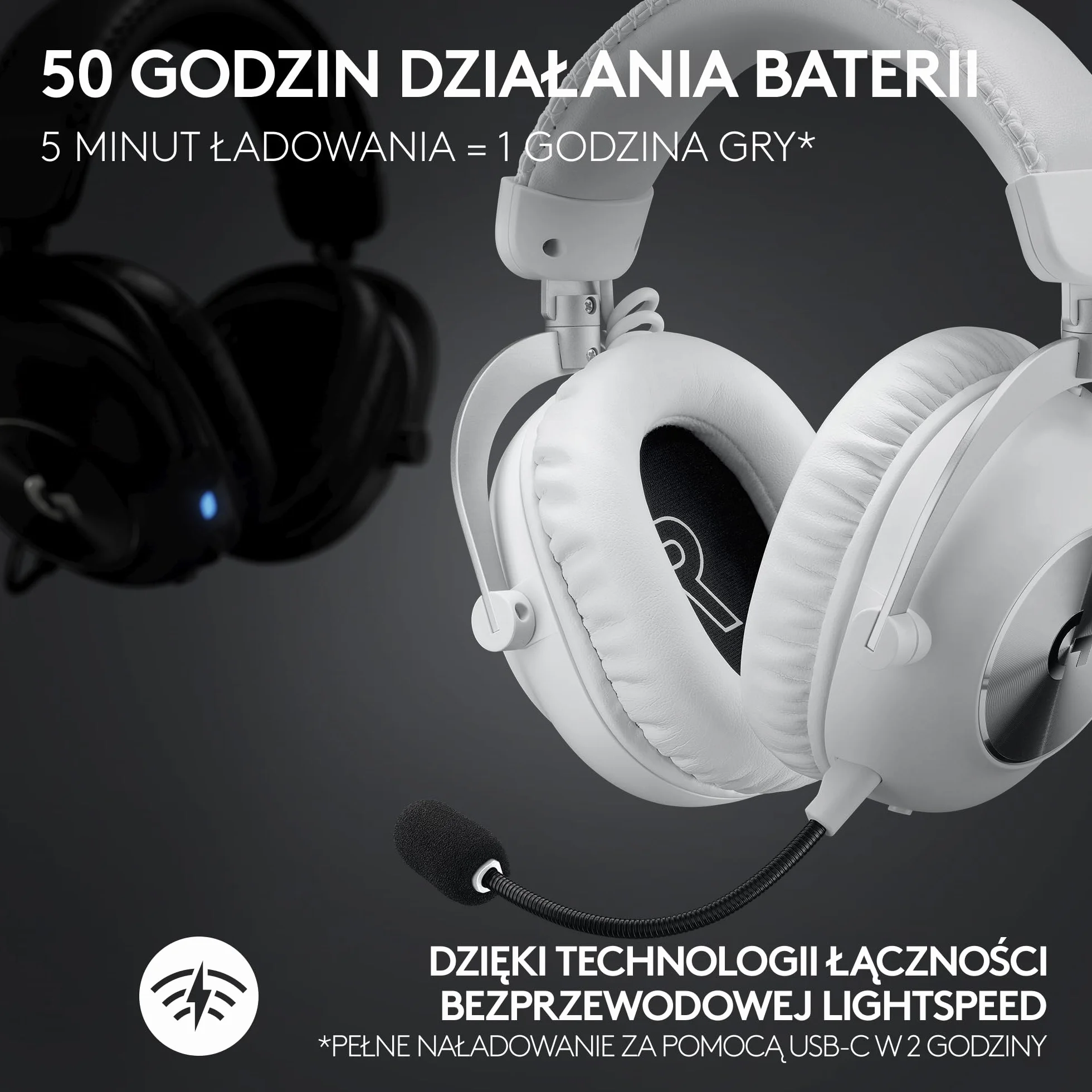 Logitech G PRO X 2 LIGHTSPEED, bezprzewodowe słuchawki, odłączane ramię mikrofonu, grafenowe 50 mm, DTS:X 2.0–7.1 Surround, Bluetooth/USB/Aux 3,5 mm, PC, PS5, PS4, Nintendo Switch - Biały