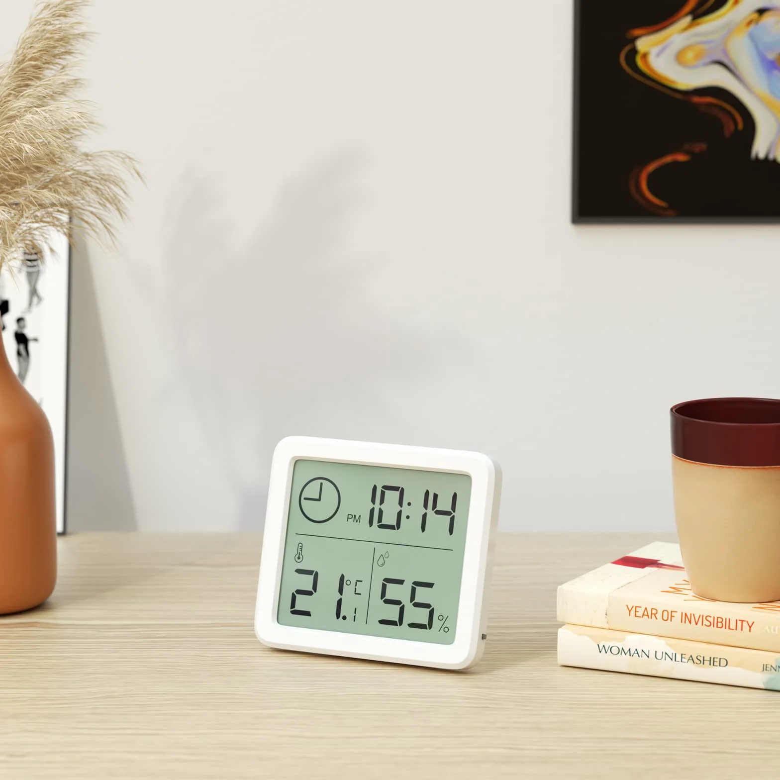 Professionnel Thermomètre Intérieur Numérique Hygromètre Portable Grand Écran avec Horloge Blanc Précis
