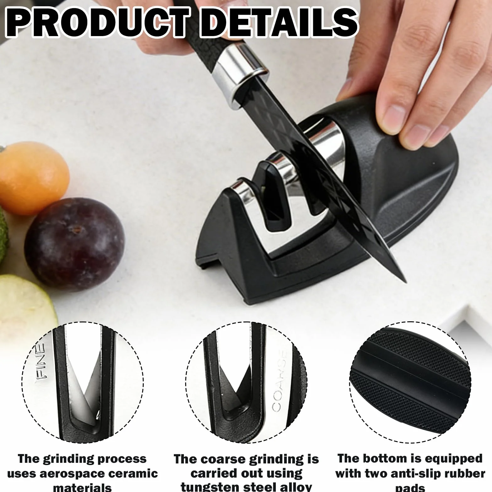 Aiguiseur de Cuisine Professionnel Manuel 2 en 1 pour Couteaux Acier Inoxydable et Céramique, Base Anti-dérapante Noir