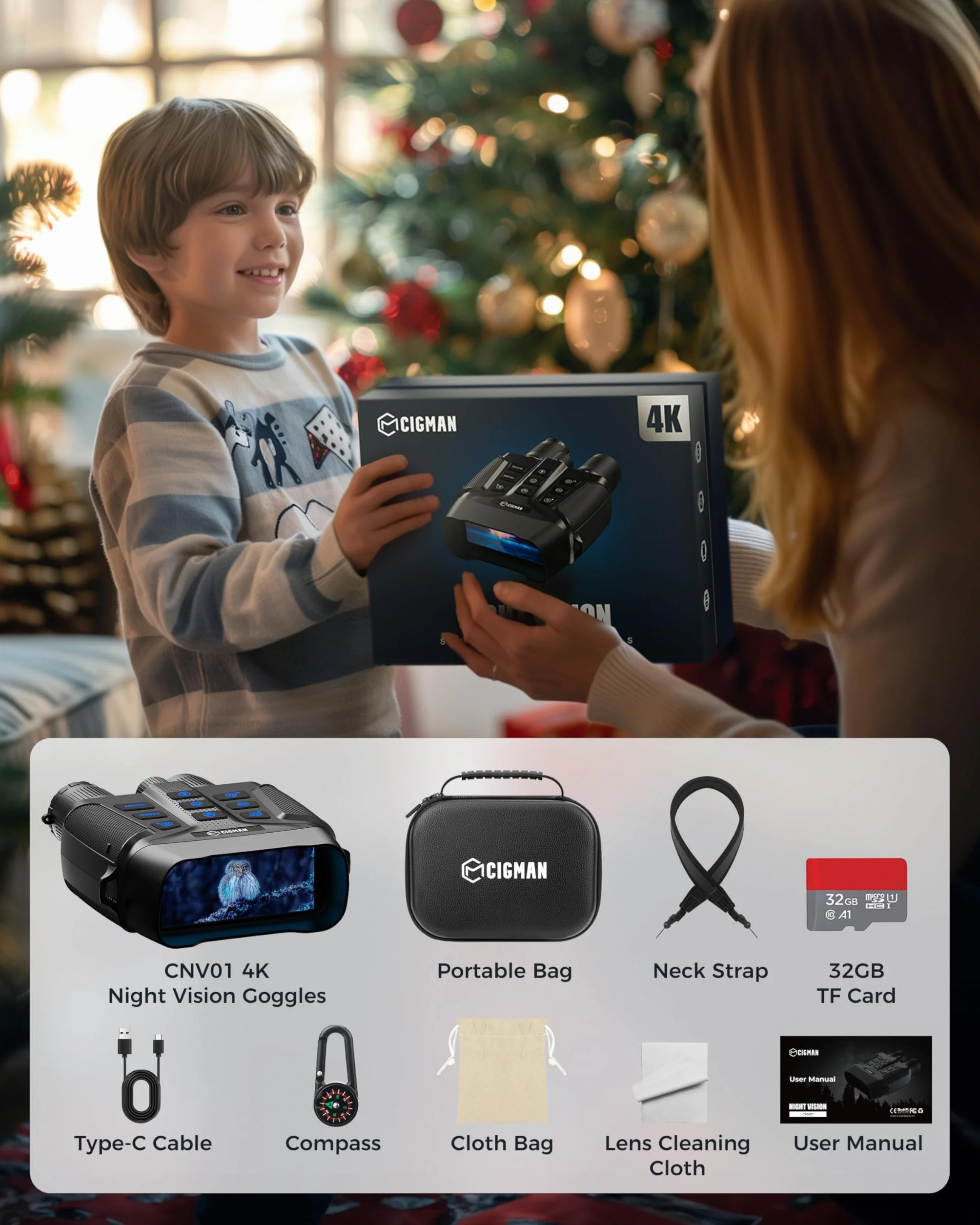 CIGMAN Gogle noktowizyjne 600 m, wyświetlacz HD 1080P 4” (10 cm), lornetka na podczerwień, 5000 mAh, ładowana lornetka termiczna, kamera f/1.0 HD, 5-krotny zoom cyfrowy, polowanie, kemping, obserwacja