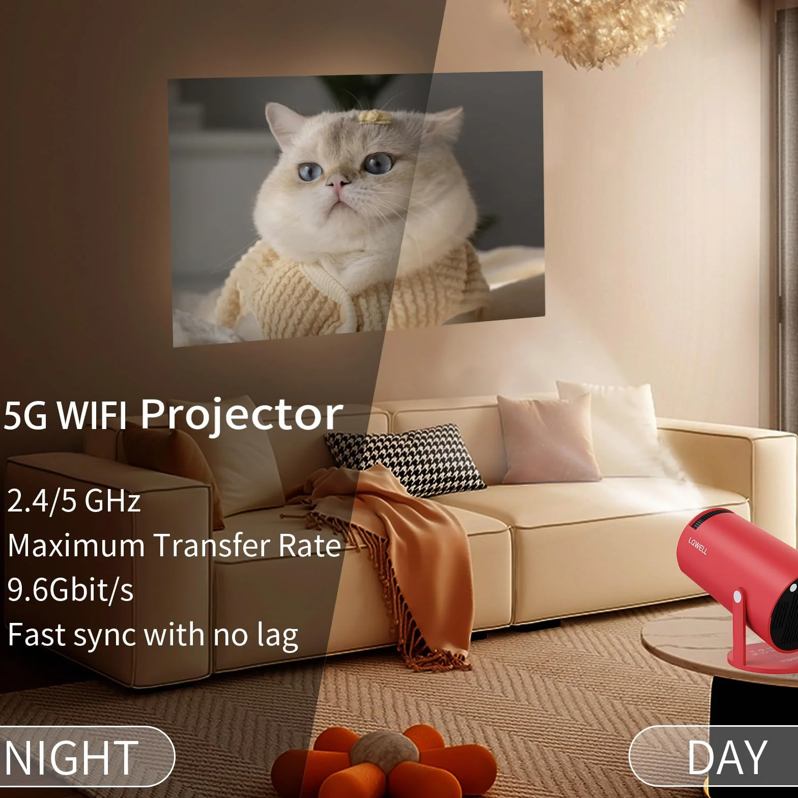 LQWELL Mini projektor, obsługuje 5G WiFi, BT5.0 z systemem Android, automatyczna korekcja trapezu, kąt 220 stopni, wyświetlacz 130 cali do telefonu/komputera/Xboxa, kino domowe 4K, HDMI