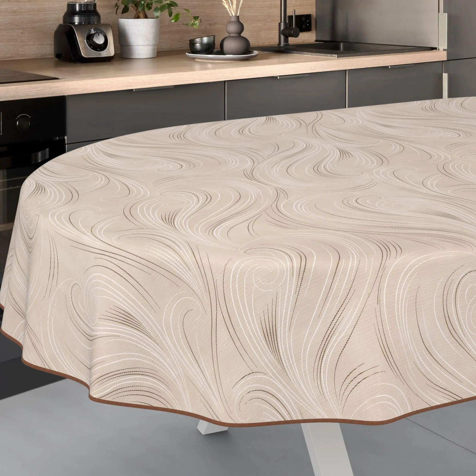 ANRO Nappe de Table en Toile cirée Lavable Ovale 180 x 140 cm Motif Abstrait Beige