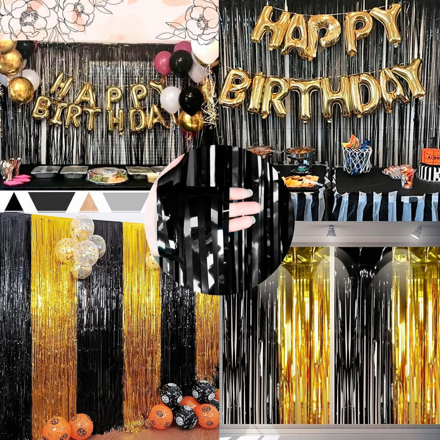 Rideau Métallique Franges 1x2 m Paillettes Décoration Anniversaire Mariage Halloween Noël Noir
