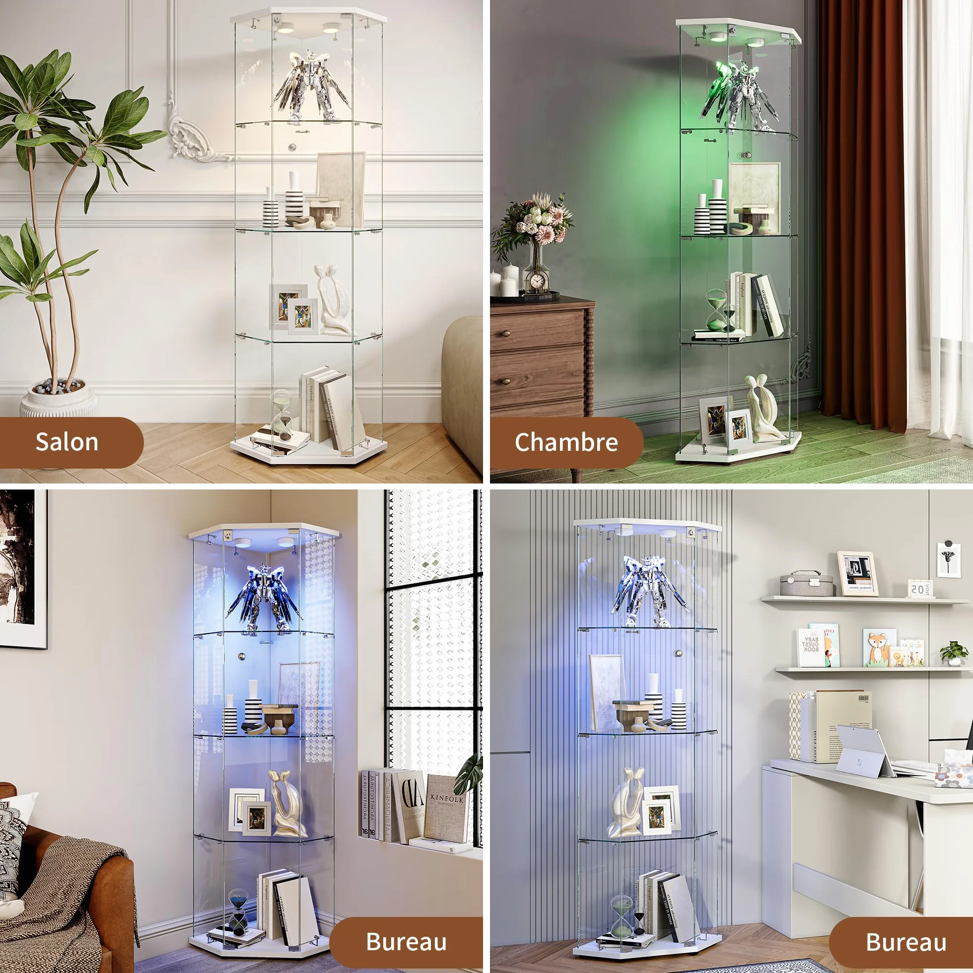 Vitrine en Verre,Vitrines d'angle en Verre avec LED,Hauteur de 162 cm Armoire de Collection en Verres à 4 Couches avec 1 Porte, vitrine trempé Transparent Moderne pour Salon, Chambre à Coucher, Bureau