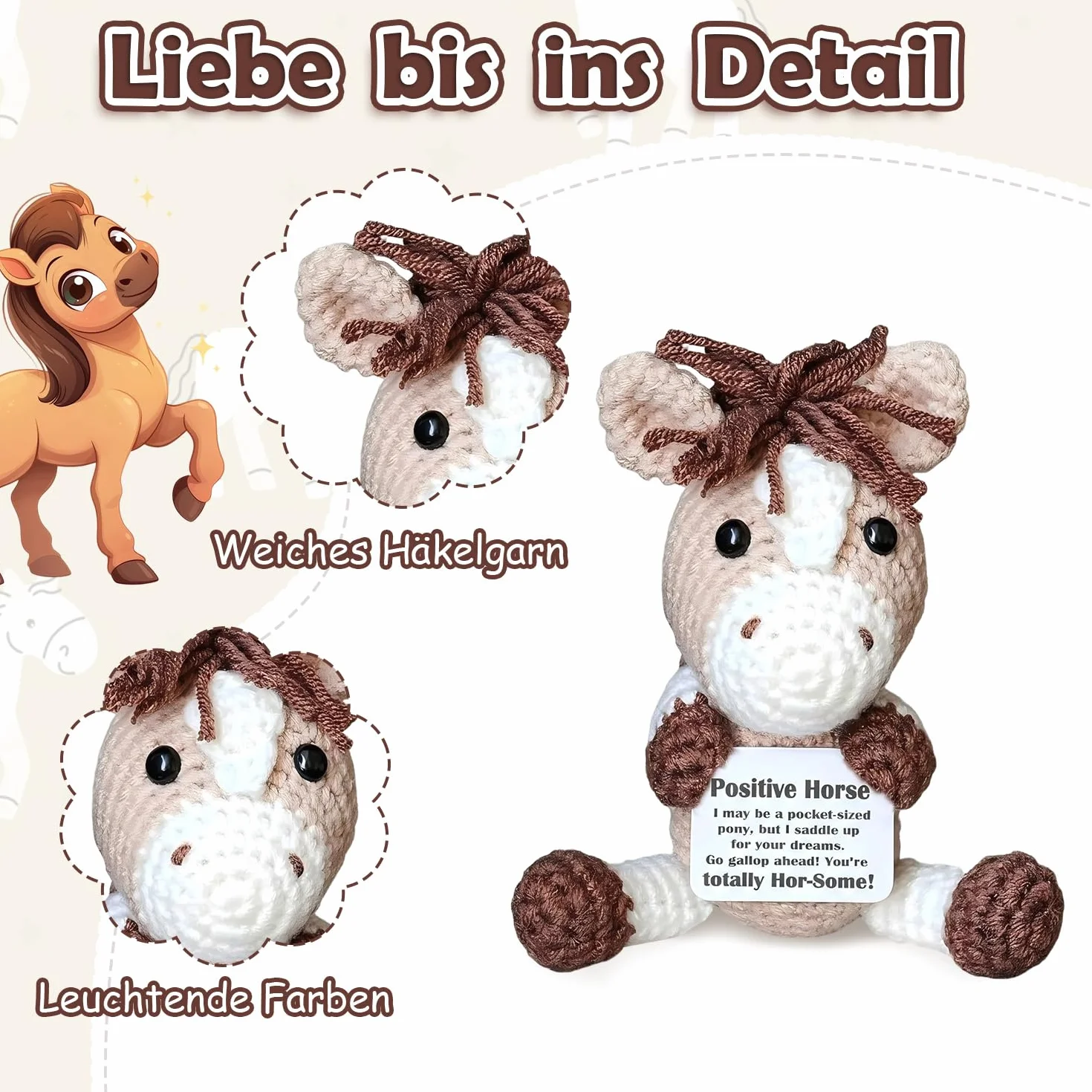 Poney porte-bonheur Hug Mutmacher avec carte You're Hor-Some, décoration amusante au crochet, cadeau anti-stress pour les fans de chevaux
