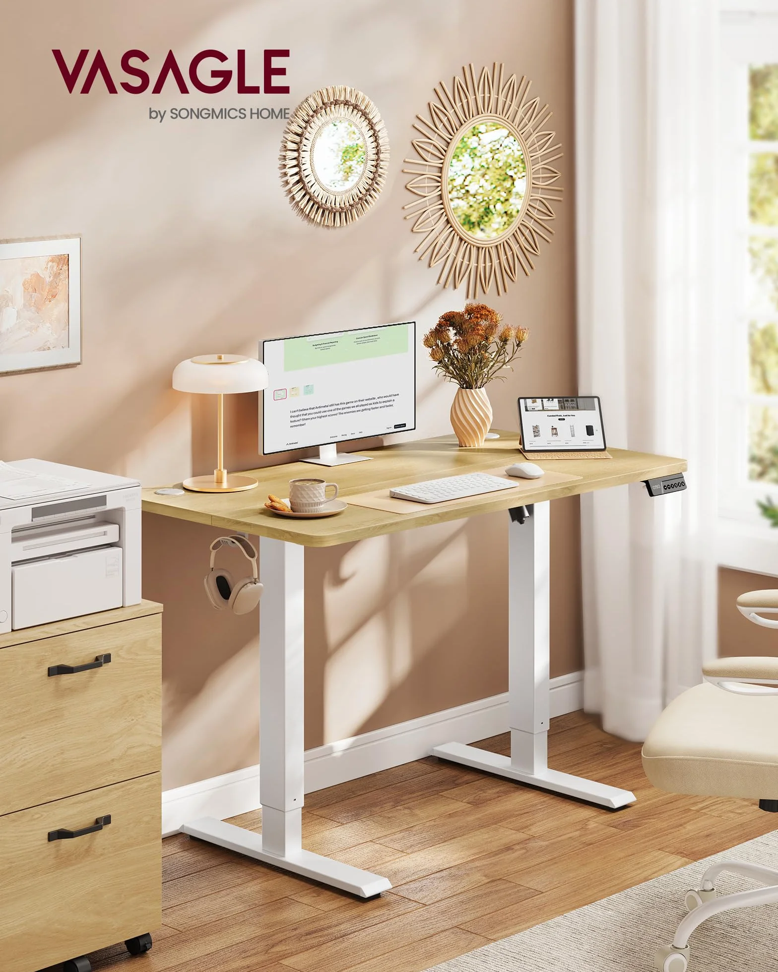 VASAGLE Bureau Électrique Réglable en Hauteur Assis-Debout 100 x 60 cm Doré Chêne LSD310YA03